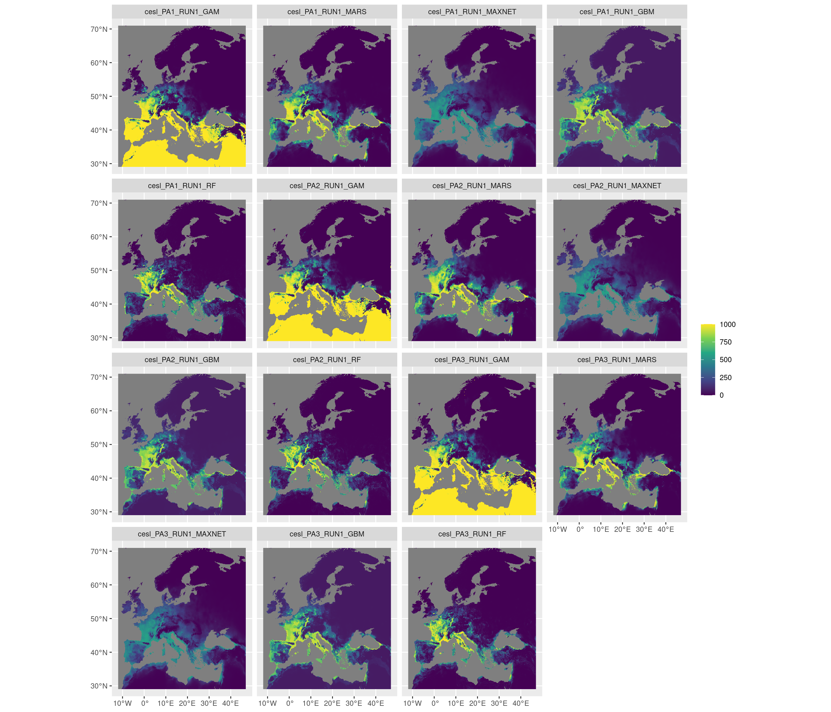 Projection de la distribution potentielle contemporaine sur l'Europe, selon les 6 algorithmes et les 3 runs.
