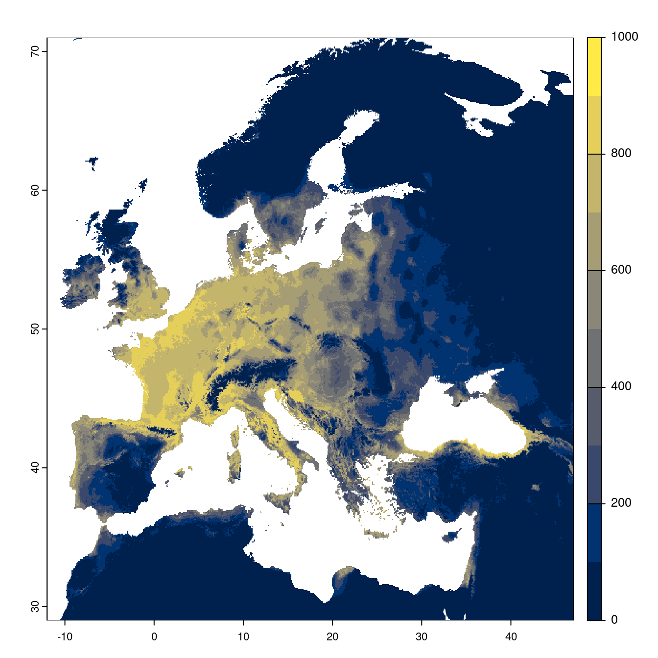 Projection des distributions potentielles futures jusqu'à l'horizon 2100 sous le scénario SSP1-2.6 (modèle d'ensemble).