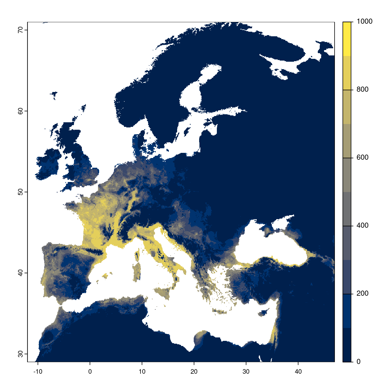 Projection des distributions potentielles futures jusqu'à l'horizon 2100 sous le scénario SSP2-4.5 (modèle d'ensemble).