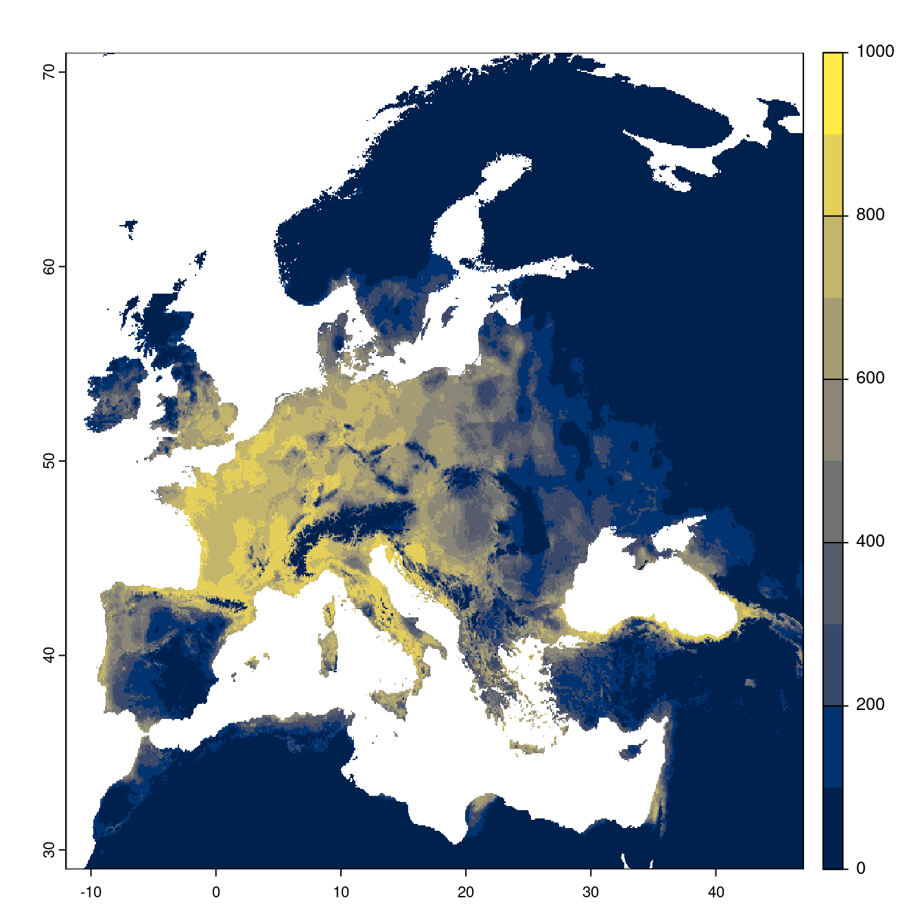 Projection des distributions potentielles futures jusqu'à l'horizon 2100 sous le scénario SSP2-4.5 (modèle d'ensemble).