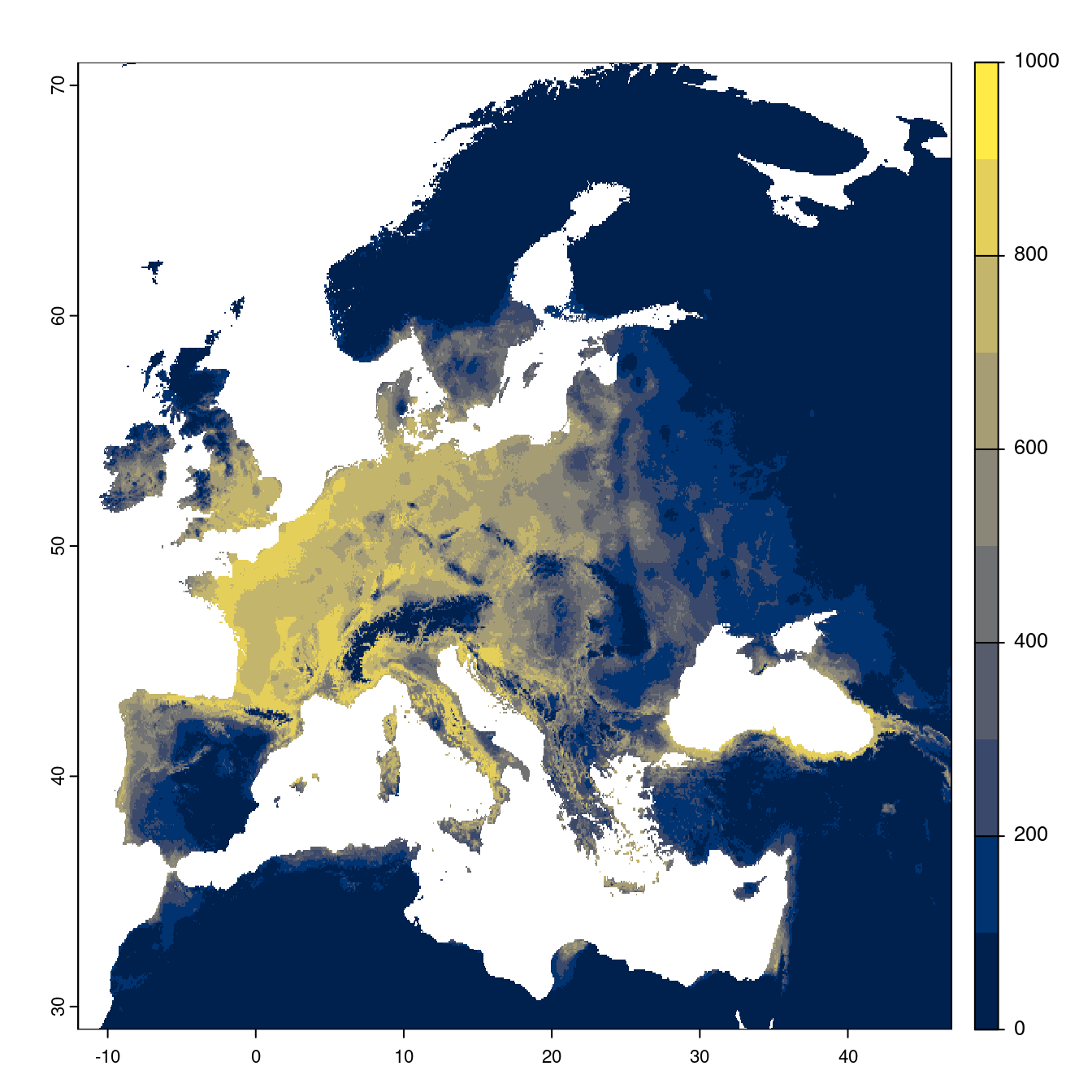 Projection des distributions potentielles futures jusqu'à l'horizon 2100 sous le scénario SSP2-4.5 (modèle d'ensemble).