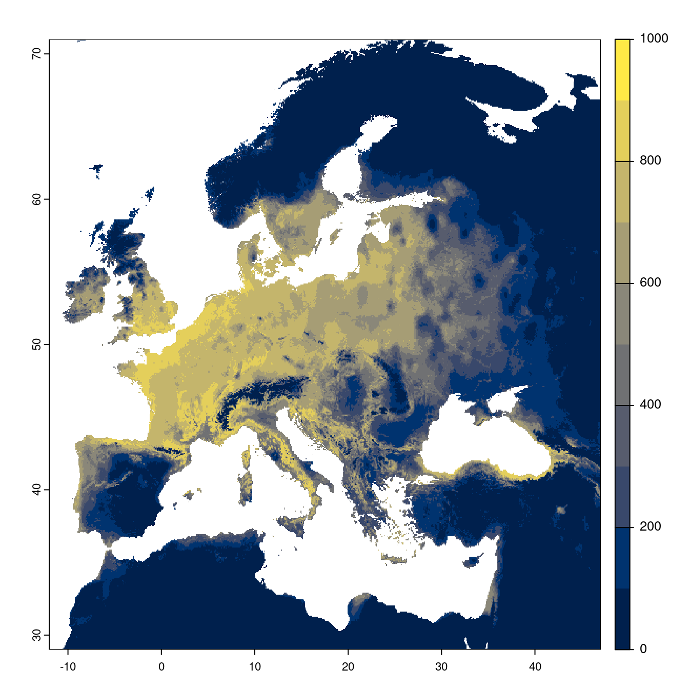 Projection des distributions potentielles futures jusqu'à l'horizon 2100 sous le scénario SSP2-4.5 (modèle d'ensemble).