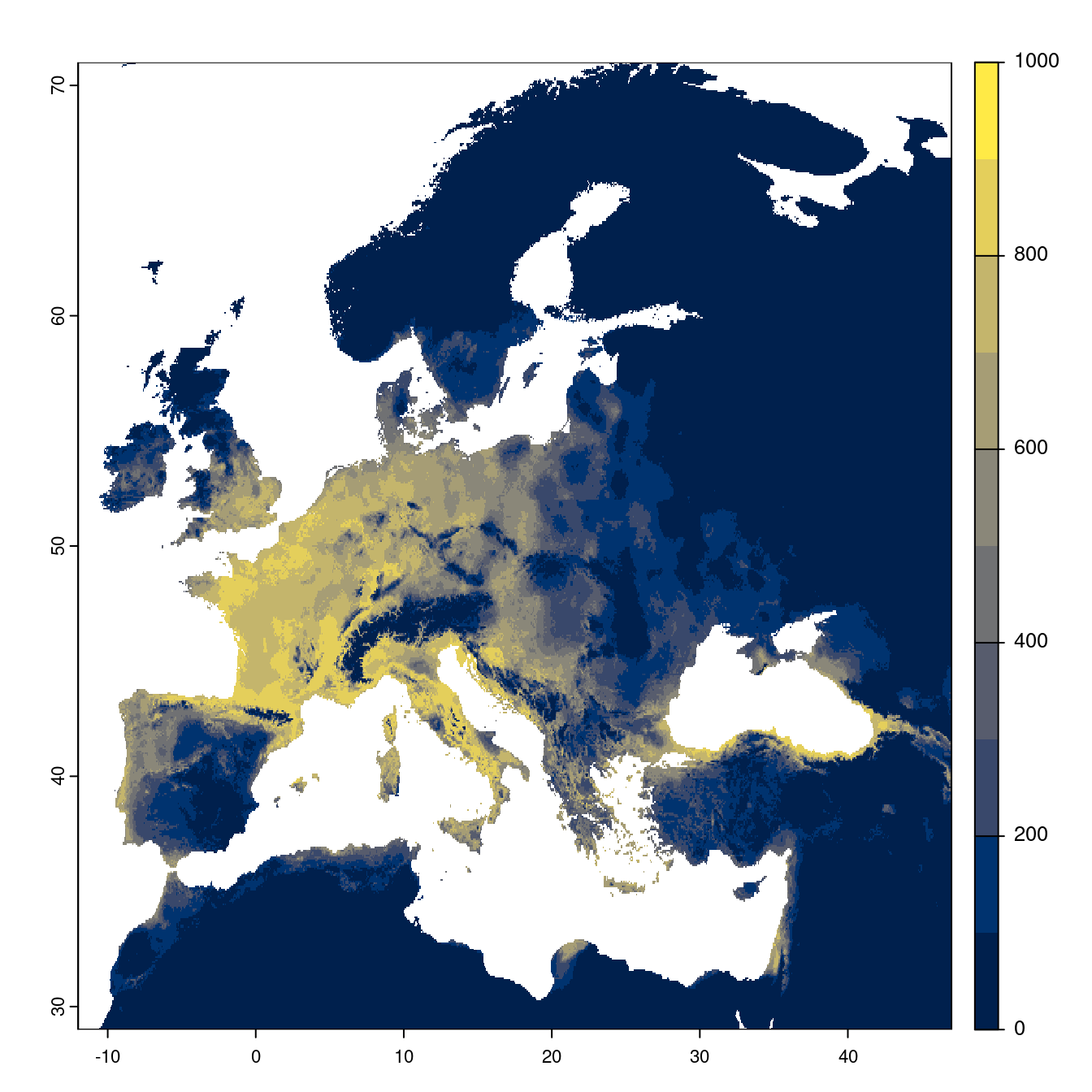 Projection des distributions potentielles futures jusqu'à l'horizon 2100 sous le scénario SSP3-7.0 (modèle d'ensemble).