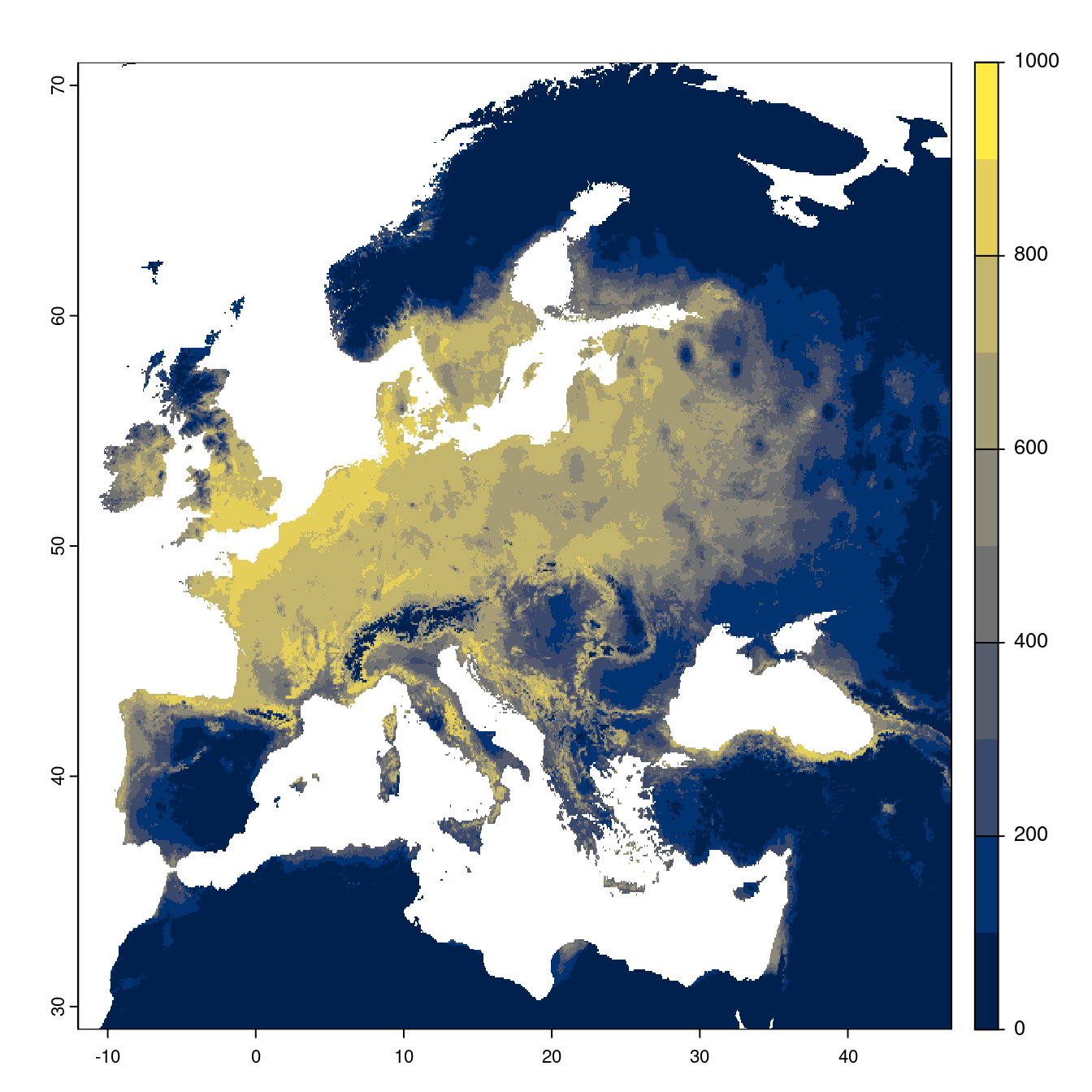 Projection des distributions potentielles futures jusqu'à l'horizon 2100 sous le scénario SSP3-7.0 (modèle d'ensemble).