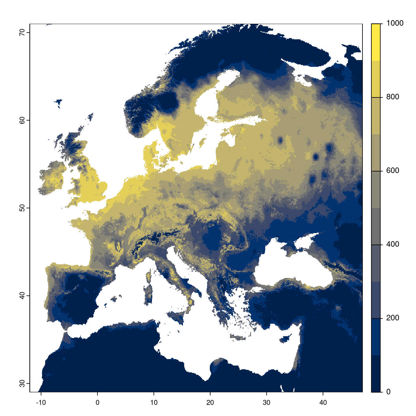 Projection des distributions potentielles futures jusqu'à l'horizon 2100 sous le scénario SSP3-7.0 (modèle d'ensemble).
