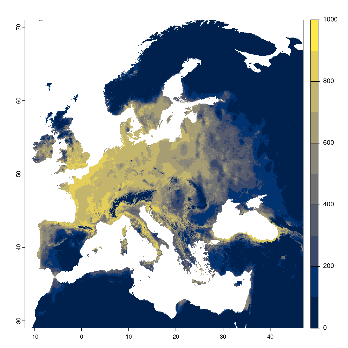 Projection des distributions potentielles futures jusqu'à l'horizon 2100 sous le scénario SSP5-8.5 (modèle d'ensemble).