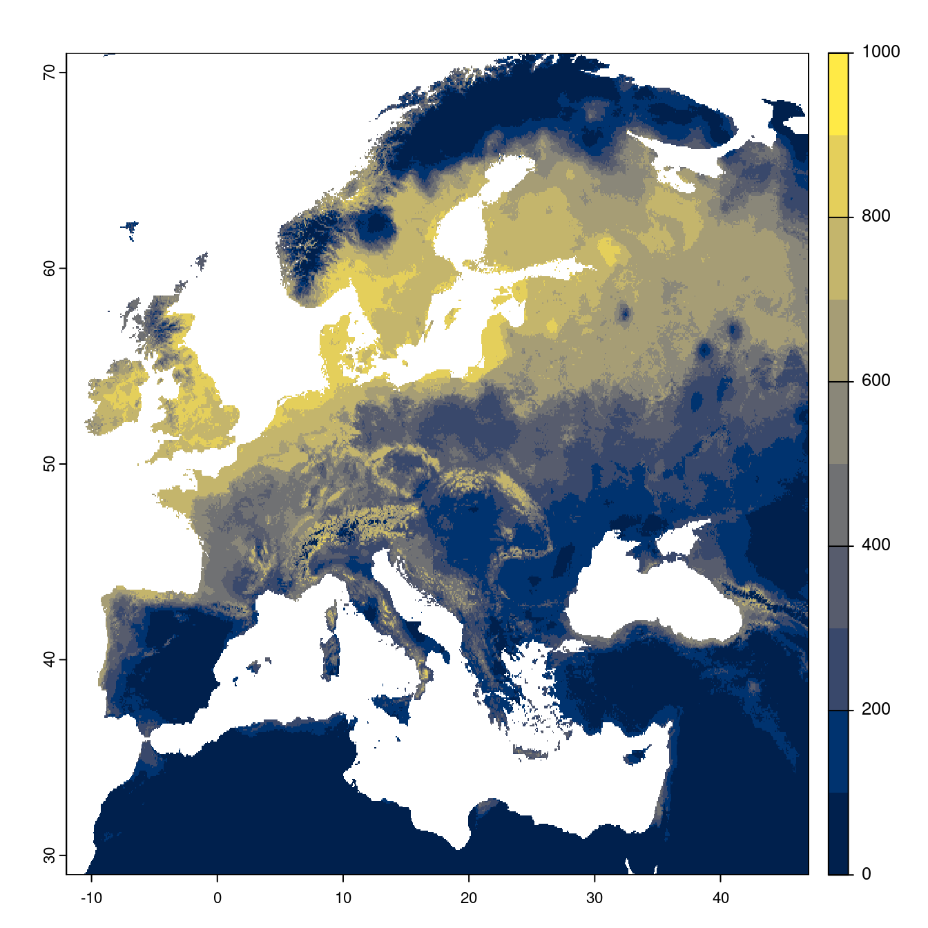 Projection des distributions potentielles futures jusqu'à l'horizon 2100 sous le scénario SSP5-8.5 (modèle d'ensemble).