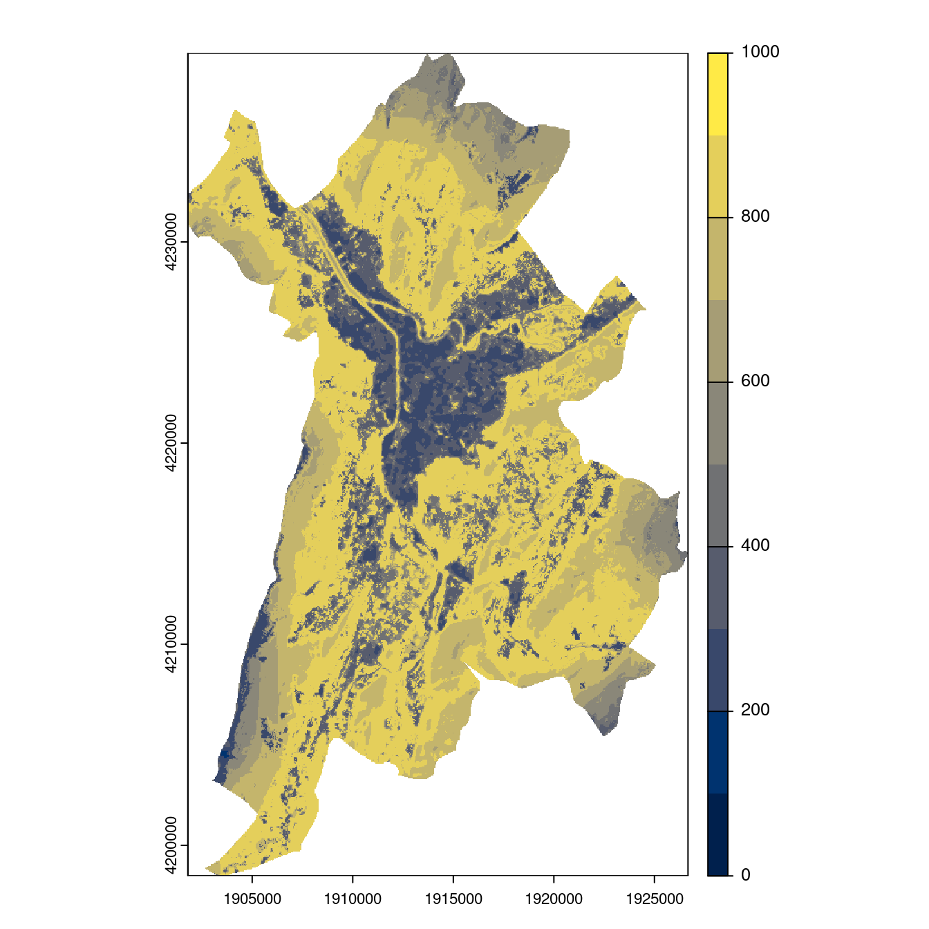 Projection des distributions potentielles contemporaine et futures jusqu'à l'horizon 2100 sous le scénario SSP5-8.5 (modèle d'ensemble, GCM IPSL).