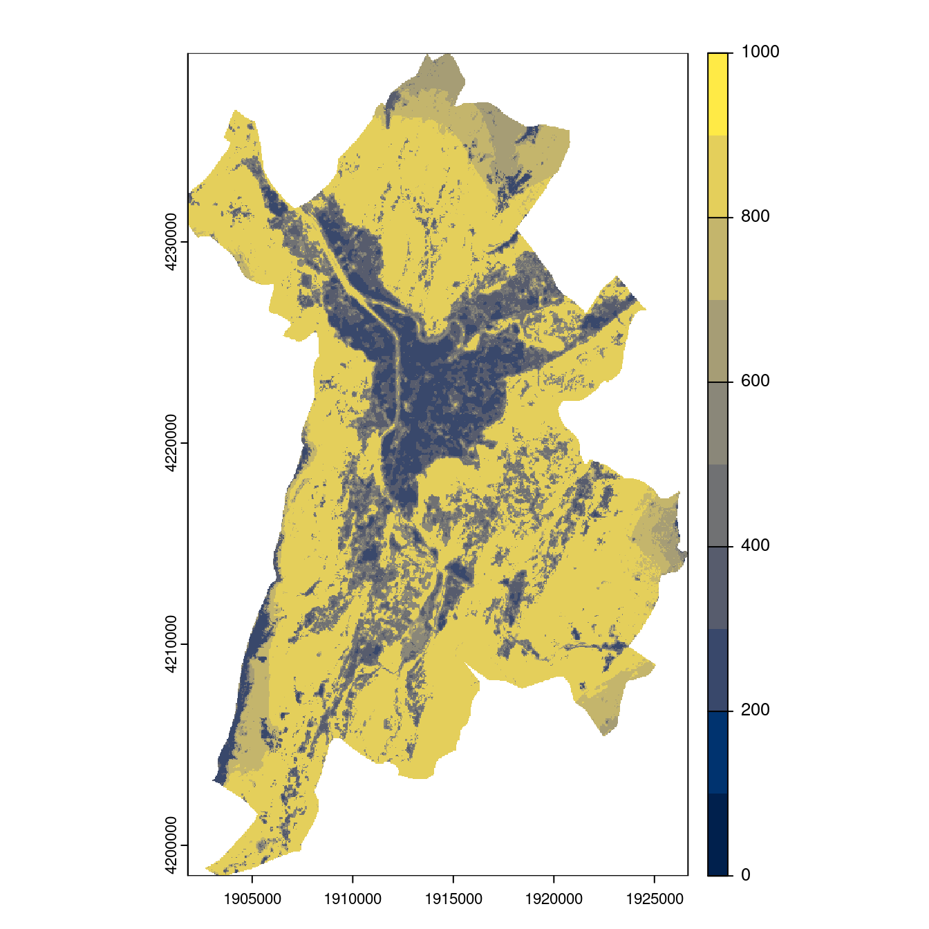 Projection des distributions potentielles contemporaine et futures jusqu'à l'horizon 2100 sous le scénario SSP5-8.5 (modèle d'ensemble, GCM IPSL).
