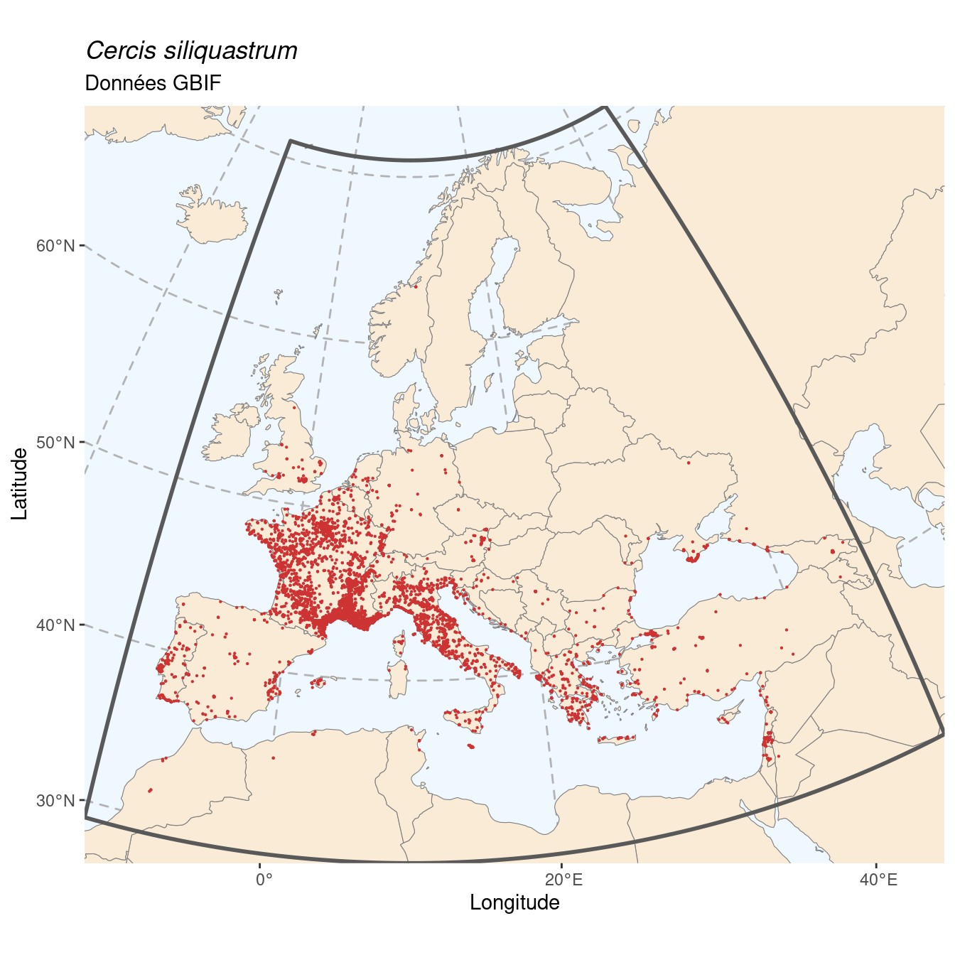 Occurrence de Cercis siliquastrum dans la région d'endémisme.