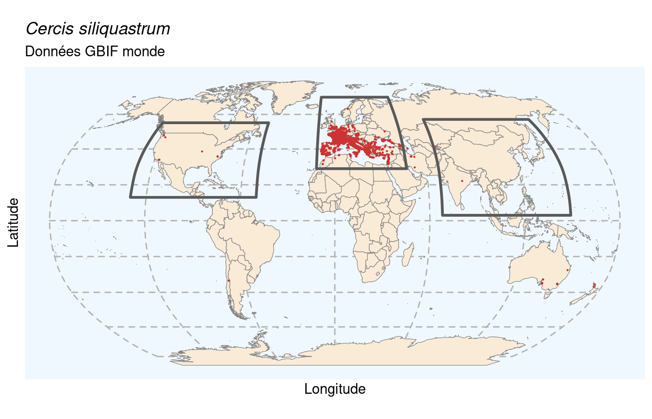 Occurrences de Cercis siliquastrum dans le monde.