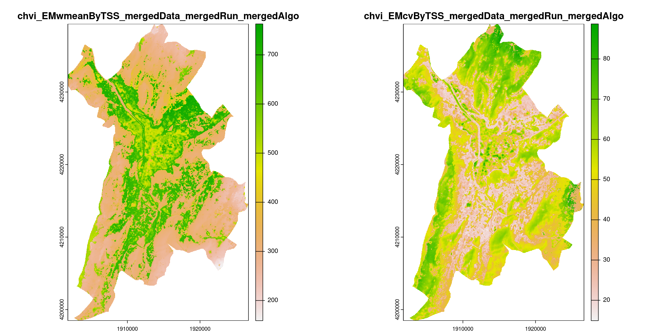 A) Projection de la distribution potentielle contemporaine (modèle d'ensemble) sur la métropole de Grenoble ; B) Incertitude associée à la projection.