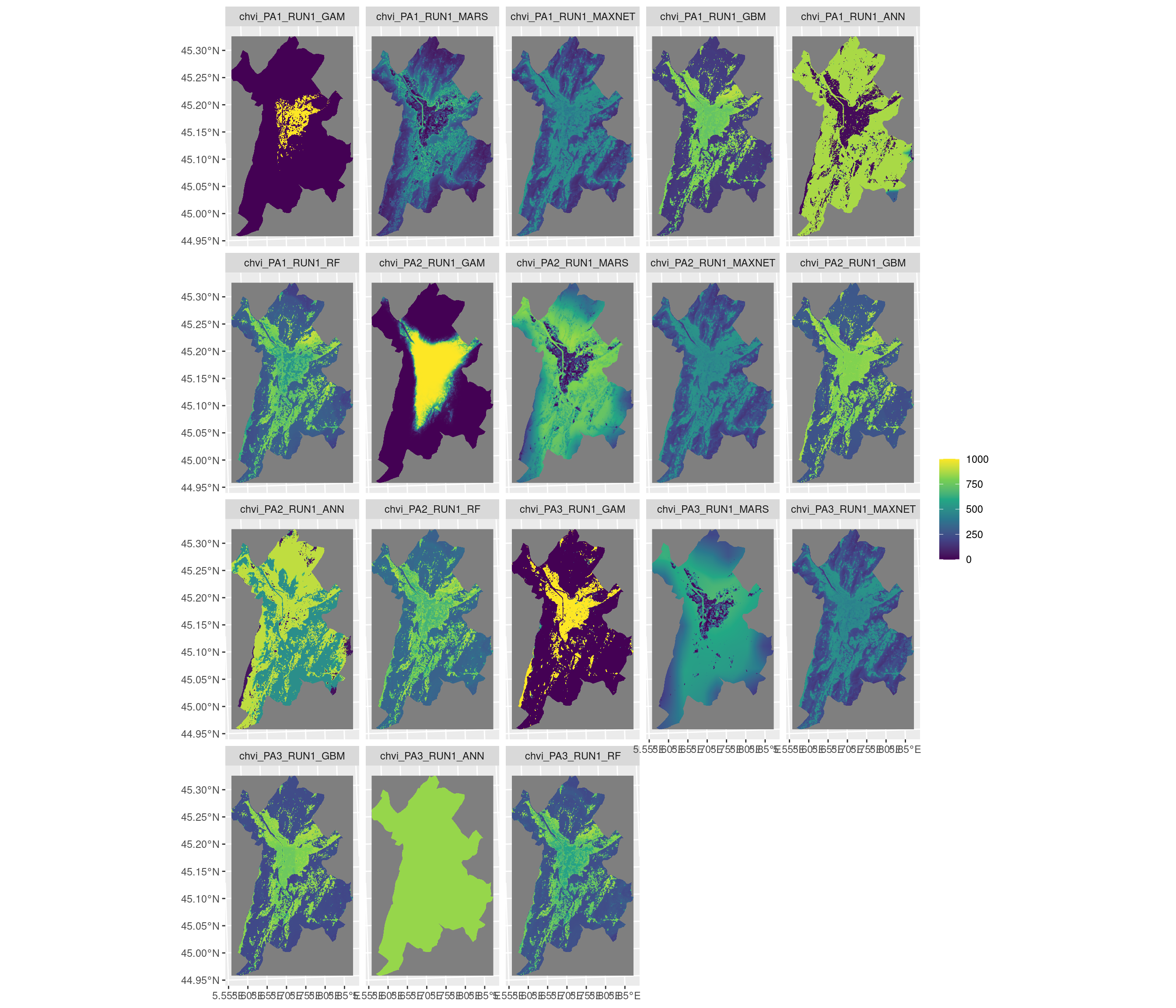 Projection de la distribution potentielle contemporaine sur la métropole de Grenoble, selon les 6 algorithmes et les 3 runs.