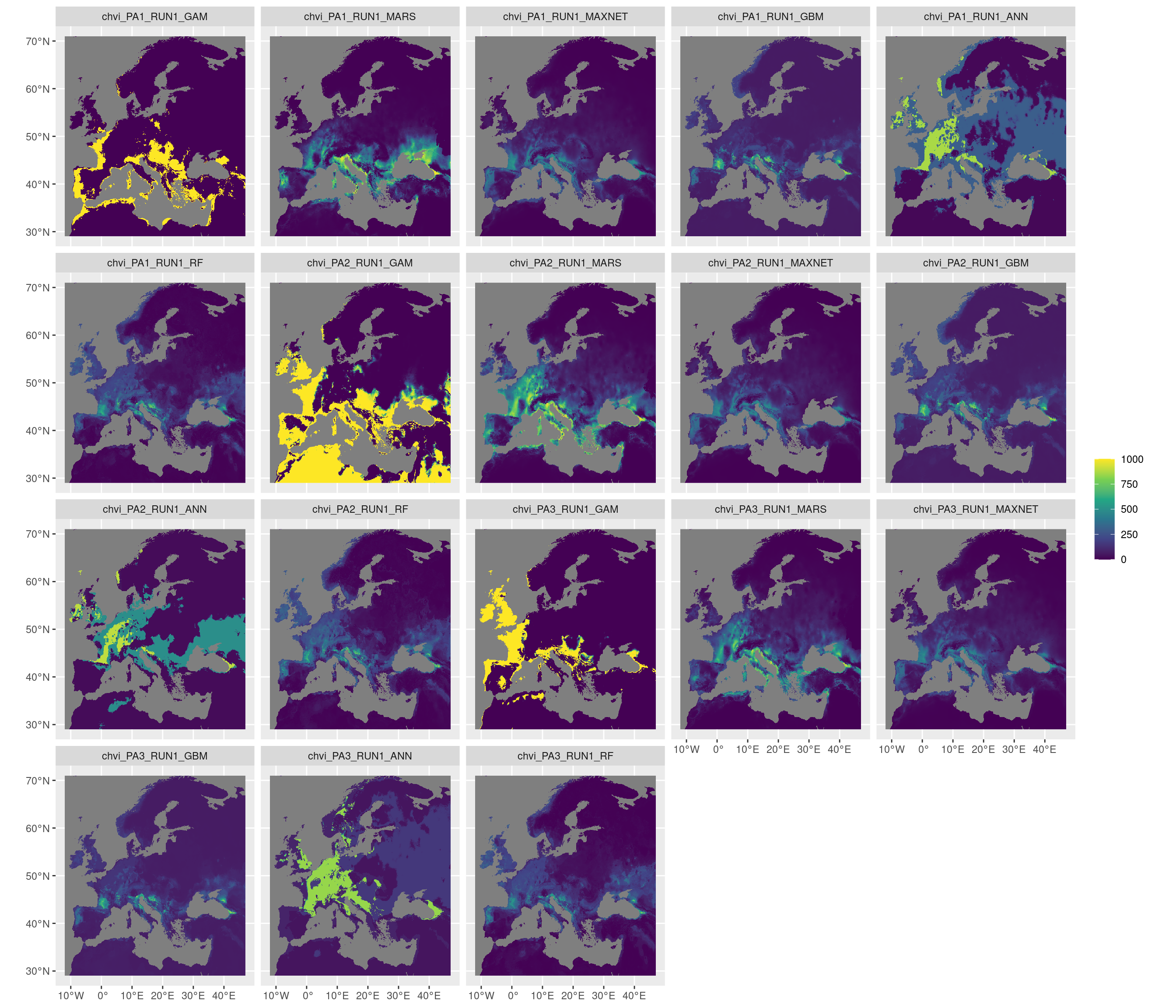 Projection de la distribution potentielle contemporaine sur l'Europe, selon les 6 algorithmes et les 3 runs.