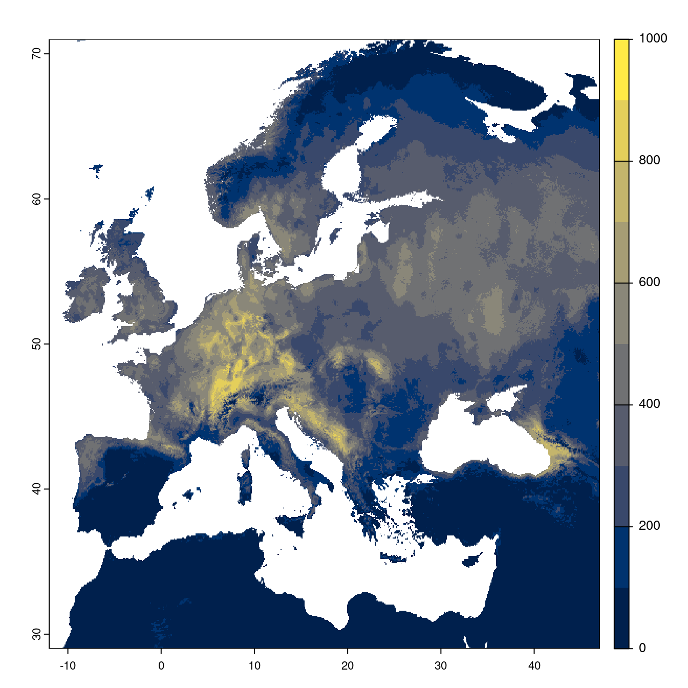 Projection des distributions potentielles futures jusqu'à l'horizon 2100 sous le scénario SSP3-7.0 (modèle d'ensemble).