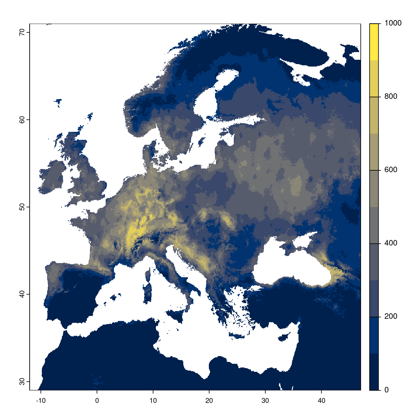 Projection des distributions potentielles futures jusqu'à l'horizon 2100 sous le scénario SSP5-8.5 (modèle d'ensemble).