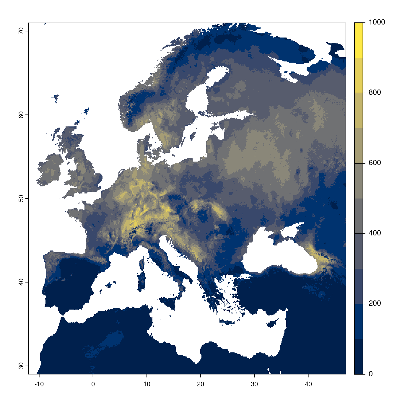 Projection des distributions potentielles futures jusqu'à l'horizon 2100 sous le scénario SSP5-8.5 (modèle d'ensemble).