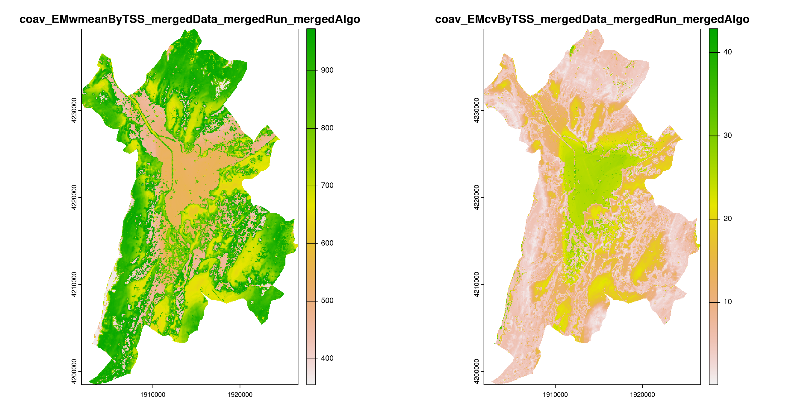 A) Projection de la distribution potentielle contemporaine (modèle d'ensemble) sur la métropole de Grenoble ; B) Incertitude associée à la projection.