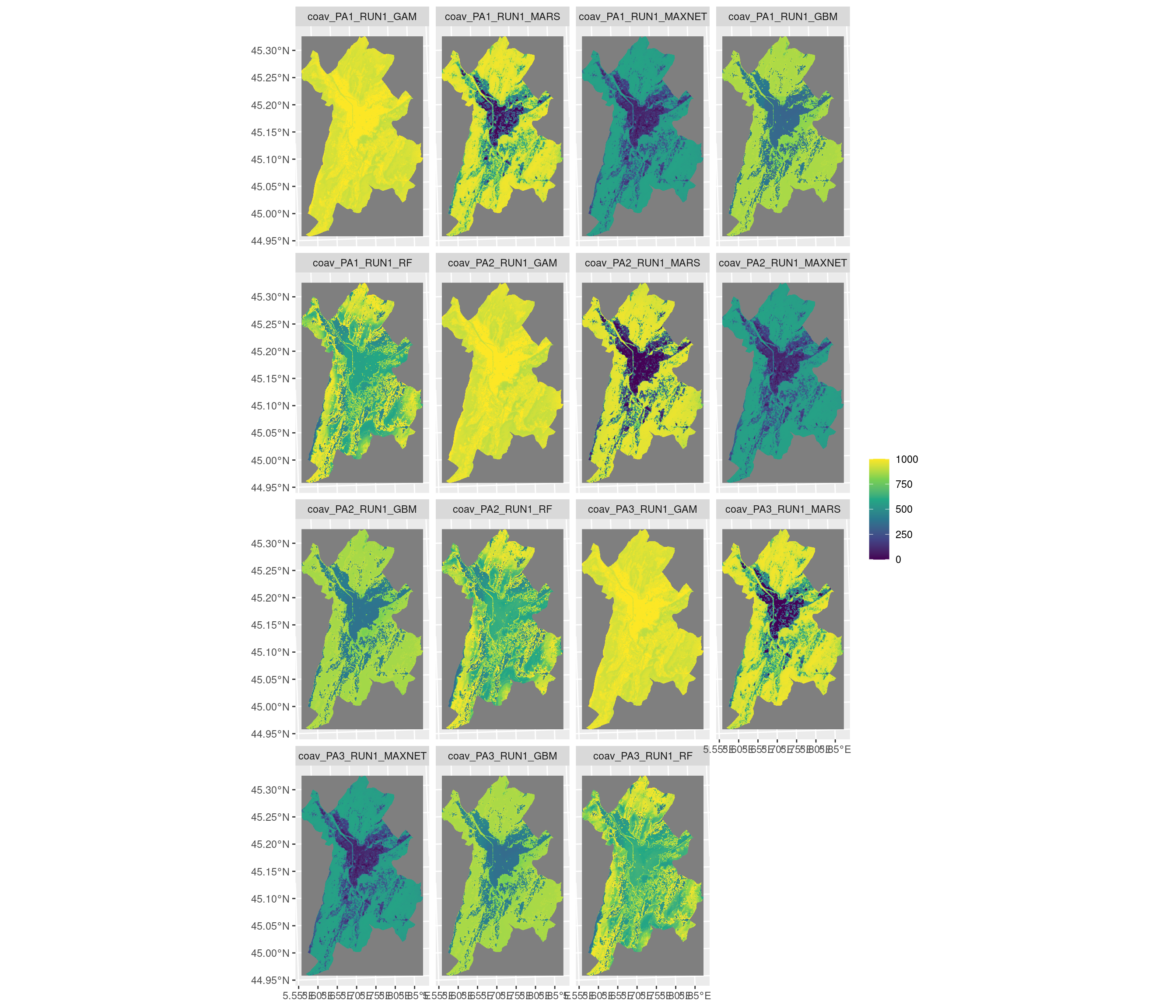 Projection de la distribution potentielle contemporaine sur la métropole de Grenoble, selon les 6 algorithmes et les 3 runs.