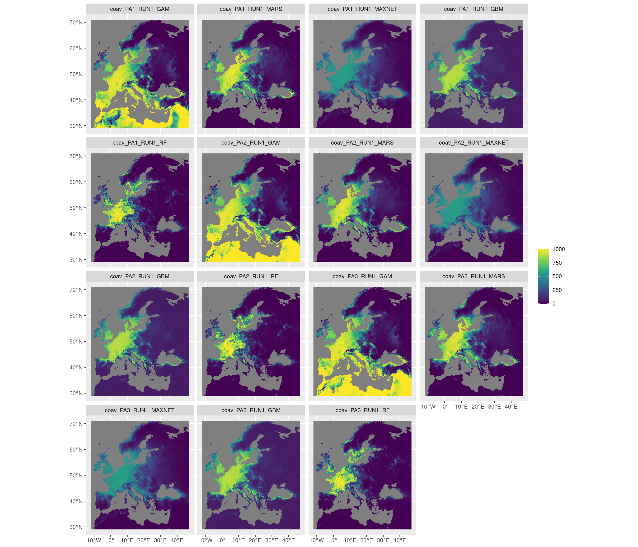 Projection de la distribution potentielle contemporaine sur l'Europe, selon les 6 algorithmes et les 3 runs.