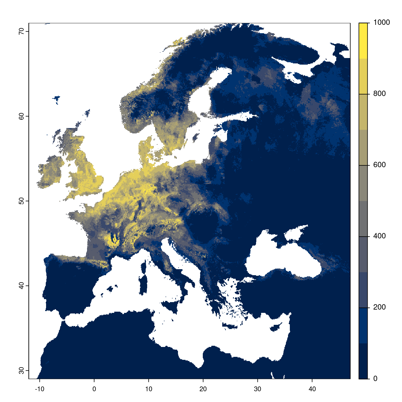 Projection des distributions potentielles futures jusqu'à l'horizon 2100 sous le scénario SSP1-2.6 (modèle d'ensemble).