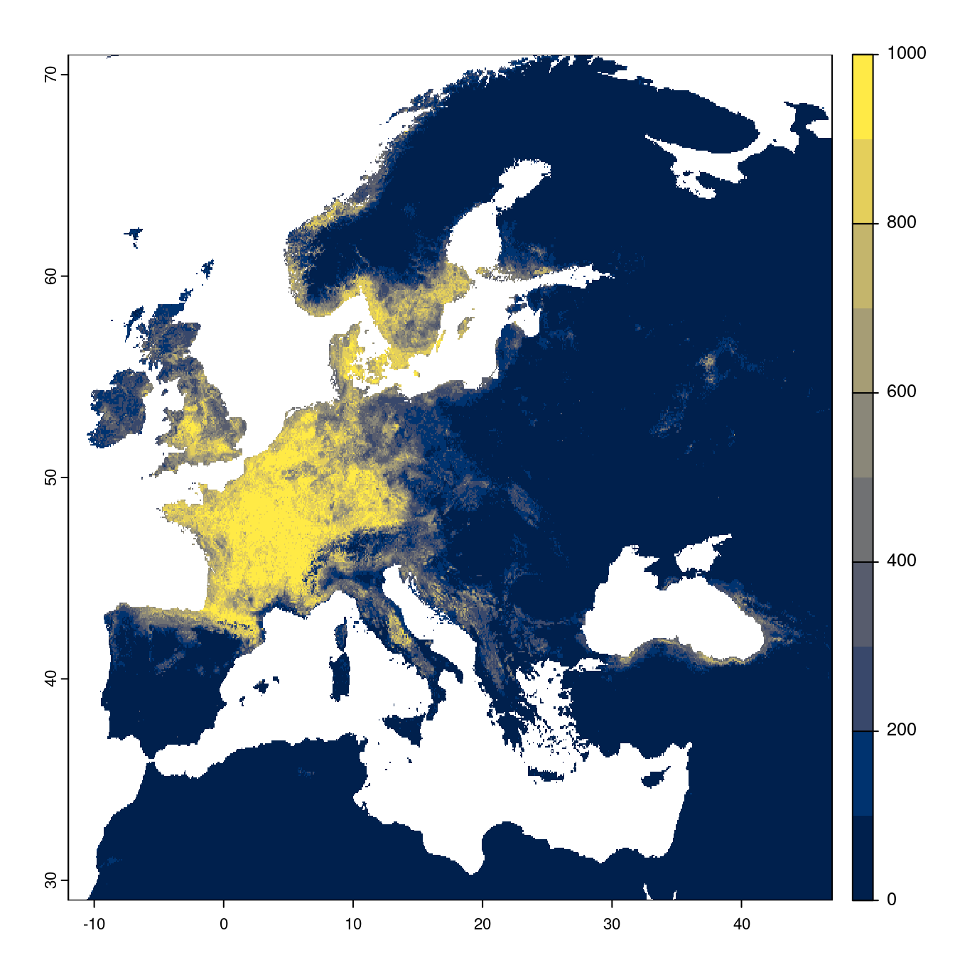 Projection des distributions potentielles futures jusqu'à l'horizon 2100 sous le scénario SSP3-7.0 (modèle d'ensemble).