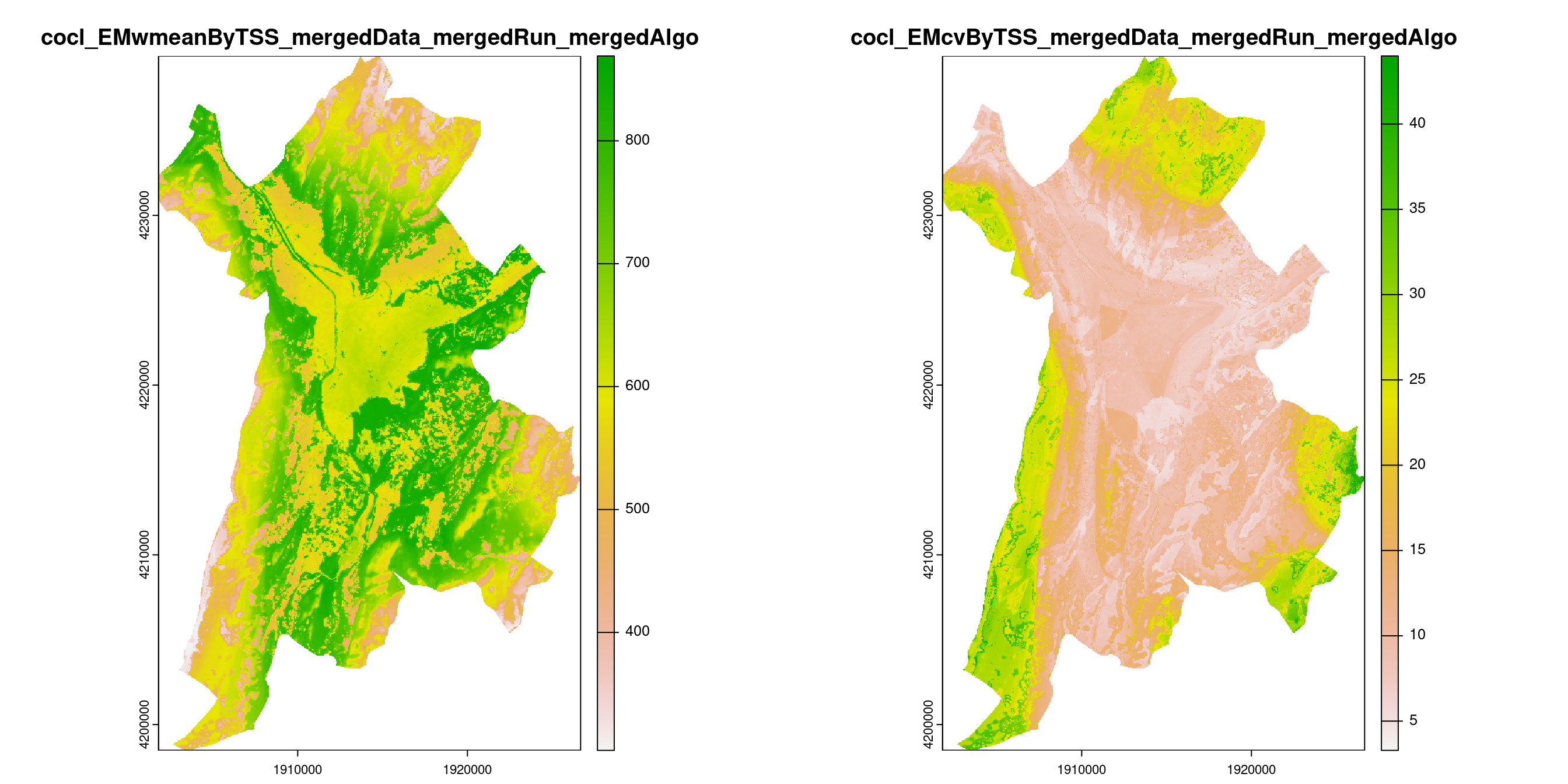 A) Projection de la distribution potentielle contemporaine (modèle d'ensemble) sur la métropole de Grenoble ; B) Incertitude associée à la projection.