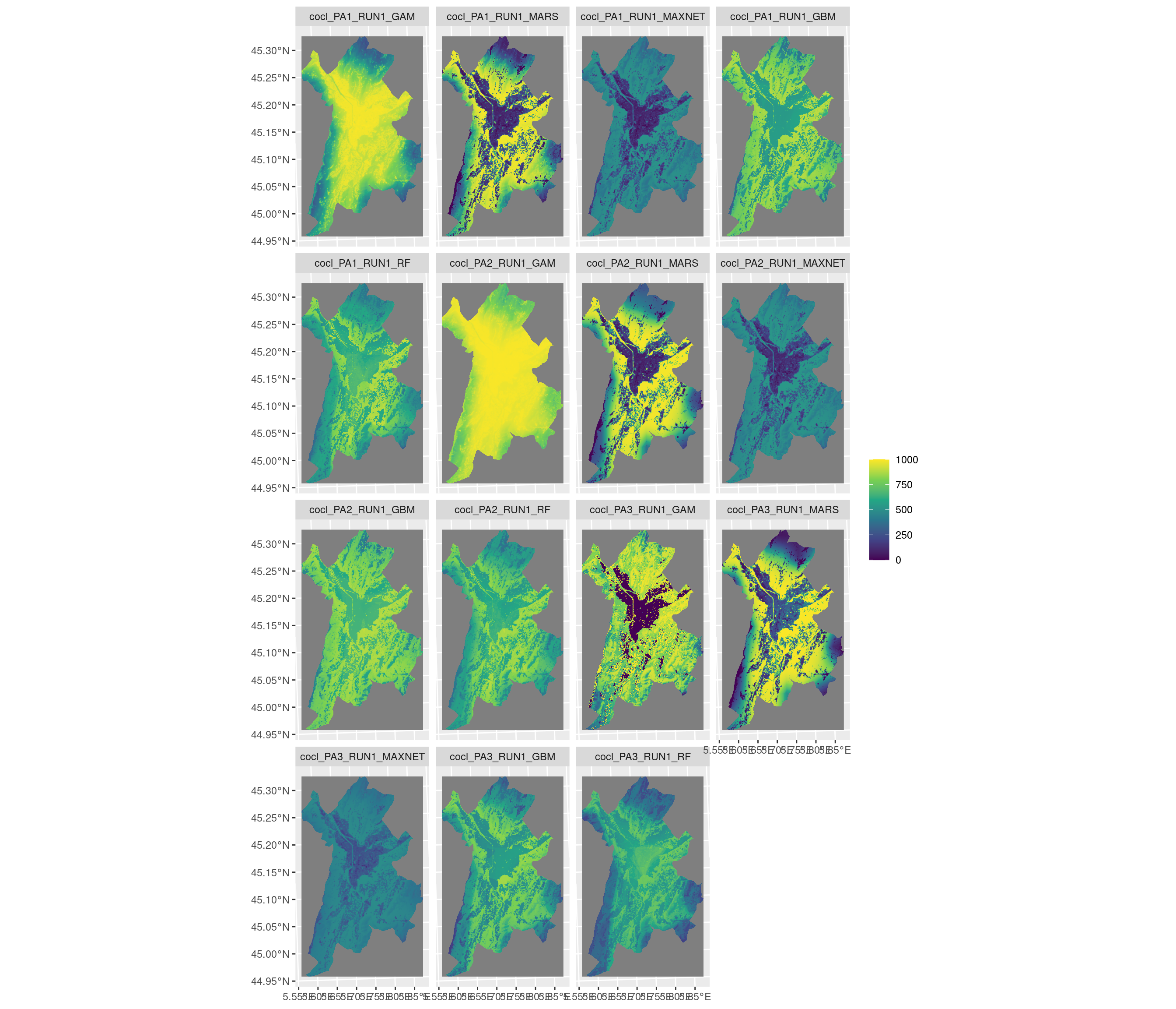 Projection de la distribution potentielle contemporaine sur la métropole de Grenoble, selon les 6 algorithmes et les 3 runs.