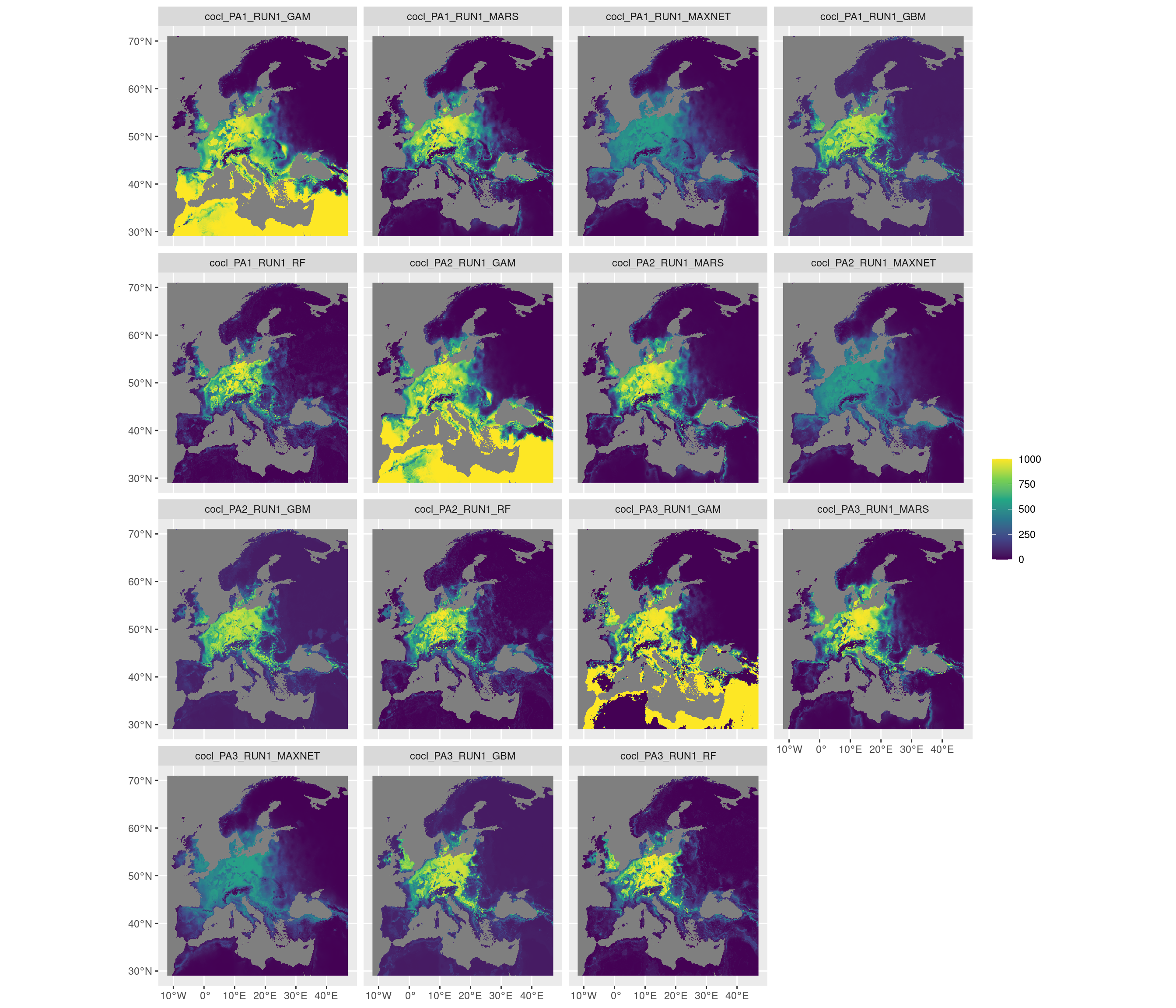 Projection de la distribution potentielle contemporaine sur l'Europe, selon les 6 algorithmes et les 3 runs.