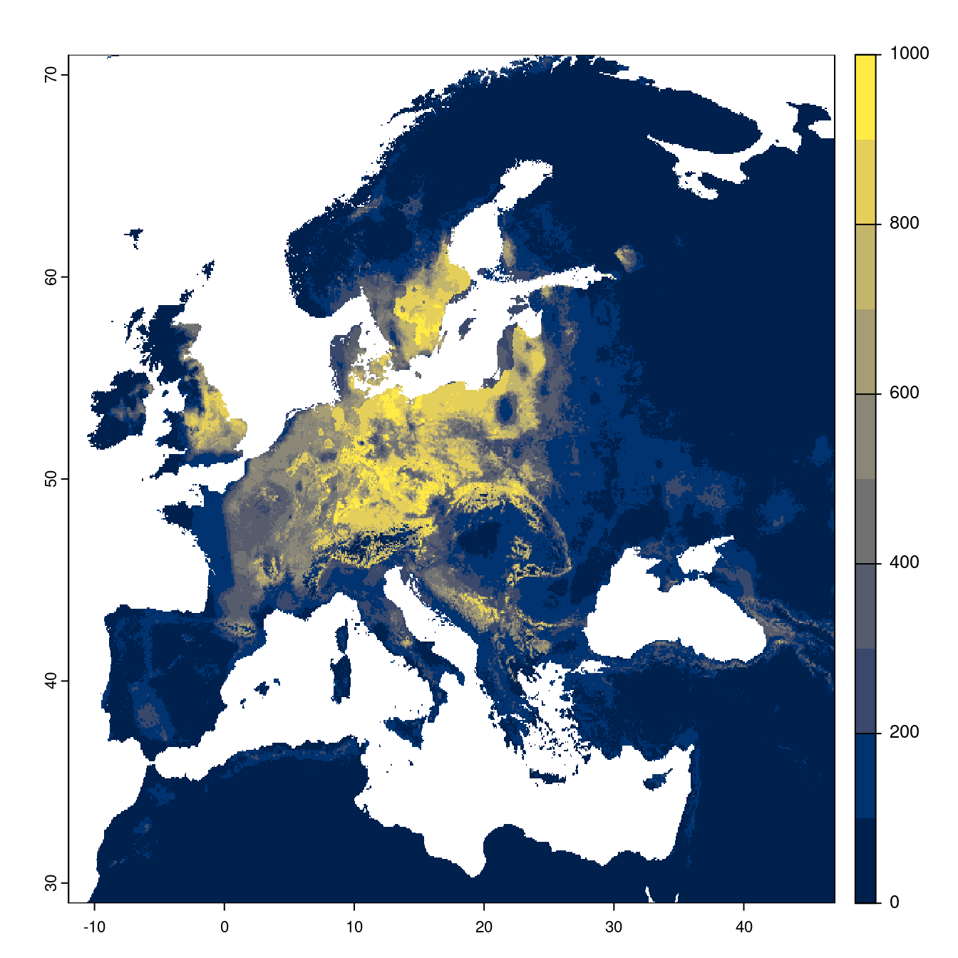 Projection des distributions potentielles futures jusqu'à l'horizon 2100 sous le scénario SSP2-4.5 (modèle d'ensemble).