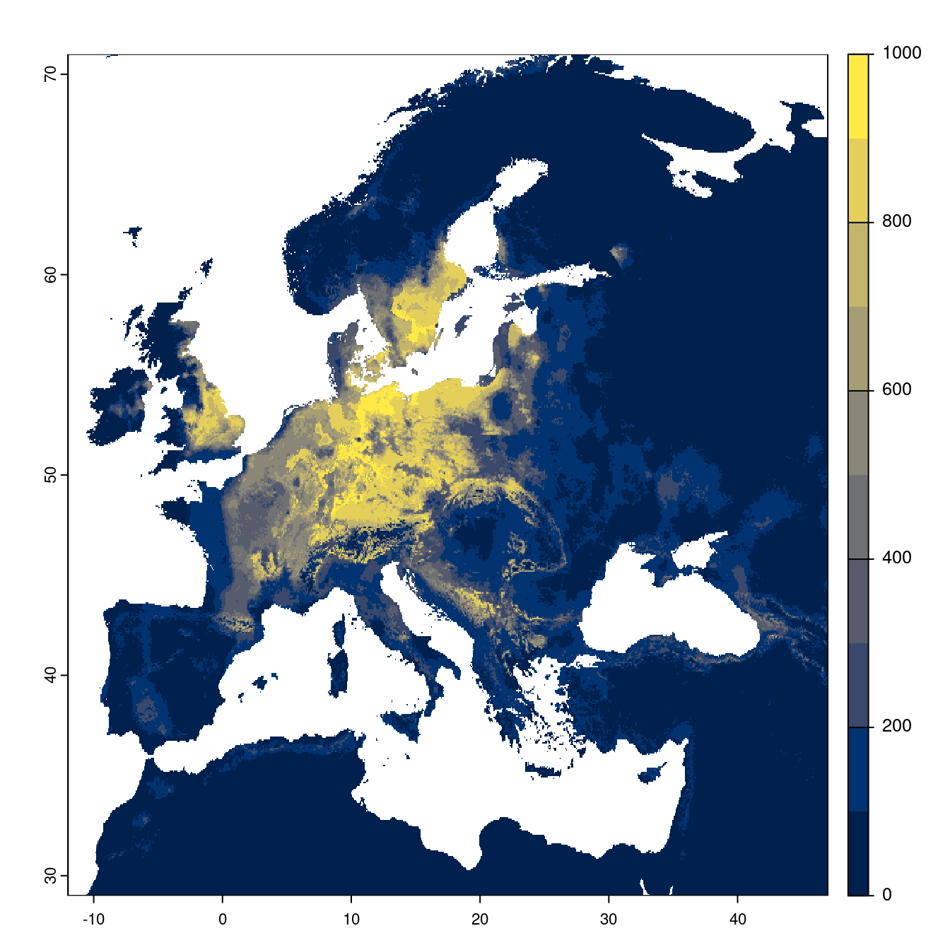 Projection des distributions potentielles futures jusqu'à l'horizon 2100 sous le scénario SSP3-7.0 (modèle d'ensemble).