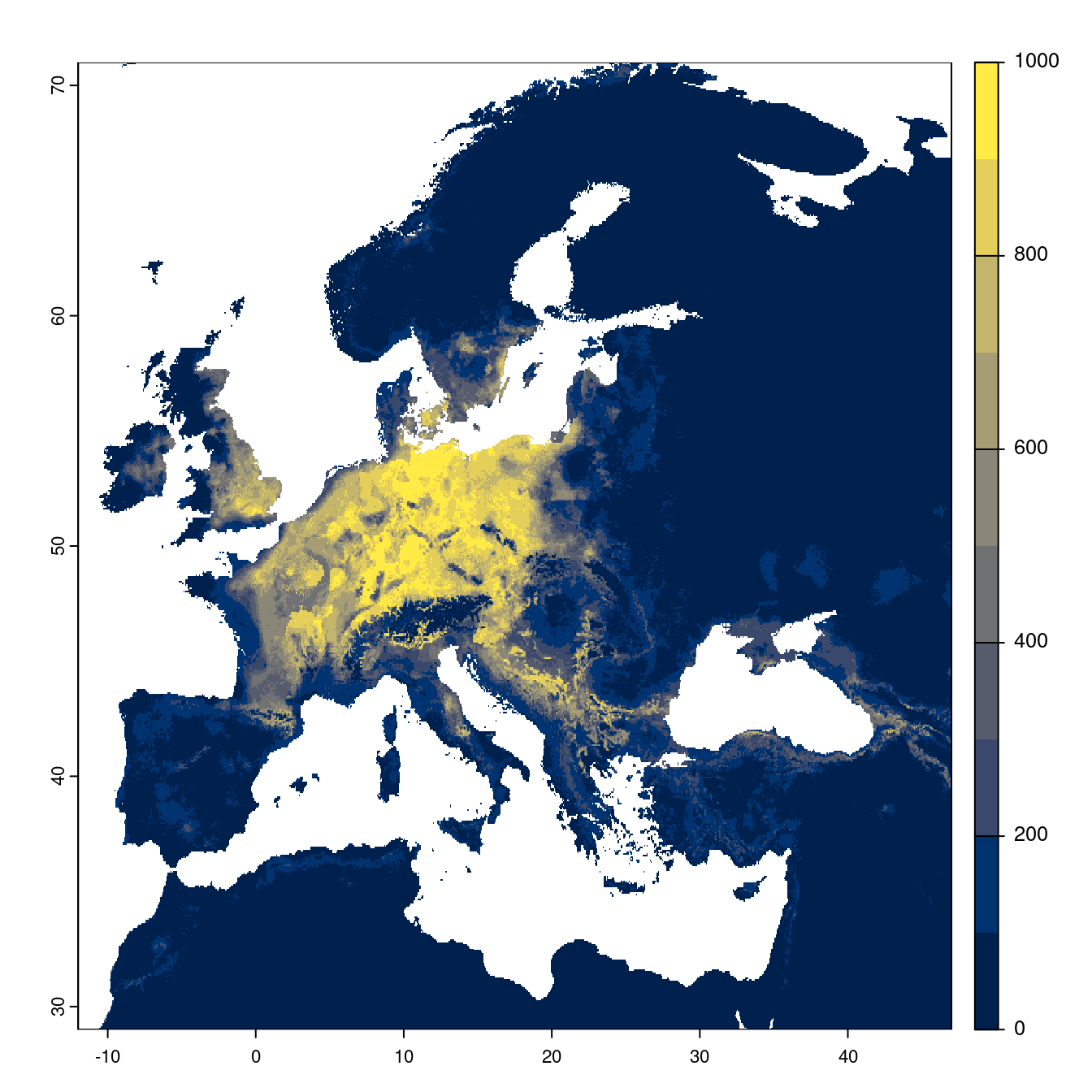 Projection des distributions potentielles futures jusqu'à l'horizon 2100 sous le scénario SSP5-8.5 (modèle d'ensemble).