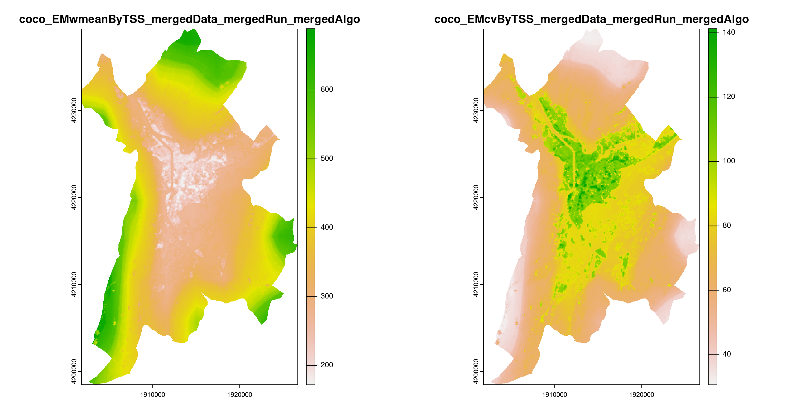 A) Projection de la distribution potentielle contemporaine (modèle d'ensemble) sur la métropole de Grenoble ; B) Incertitude associée à la projection.