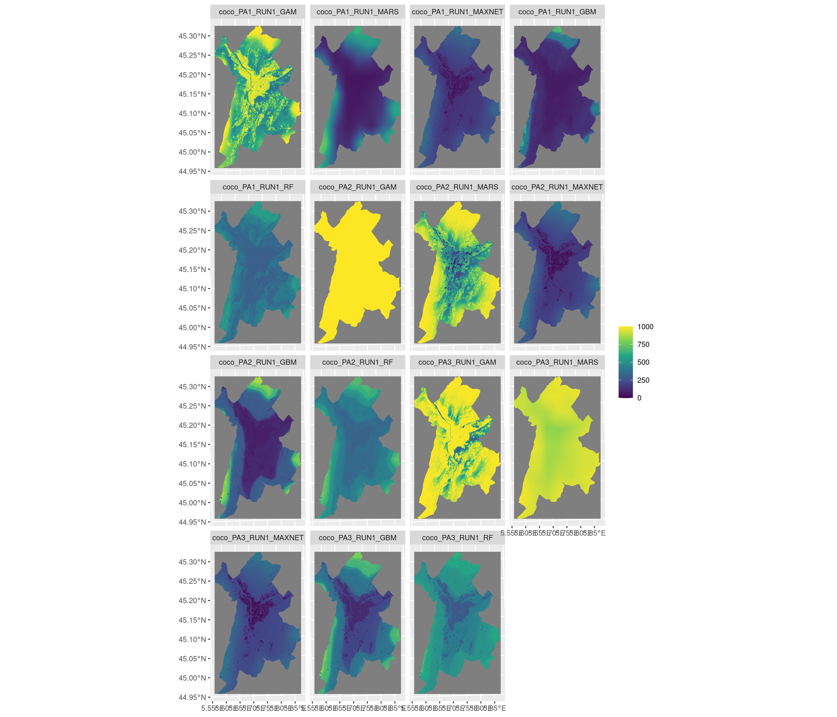 Projection de la distribution potentielle contemporaine sur la métropole de Grenoble, selon les 6 algorithmes et les 3 runs.