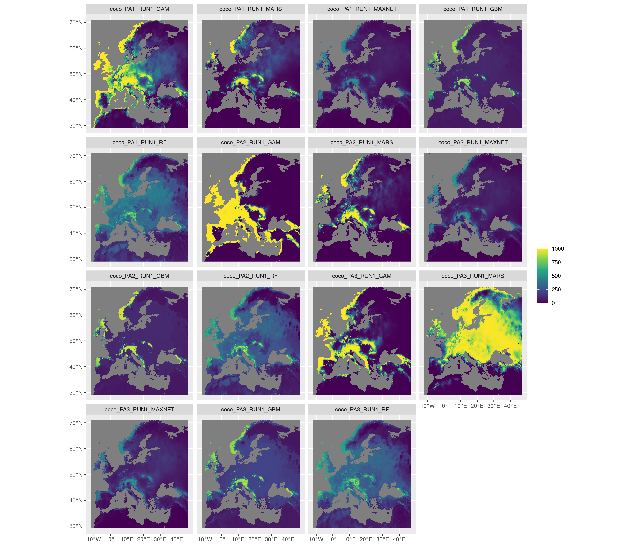 Projection de la distribution potentielle contemporaine sur l'Europe, selon les 6 algorithmes et les 3 runs.