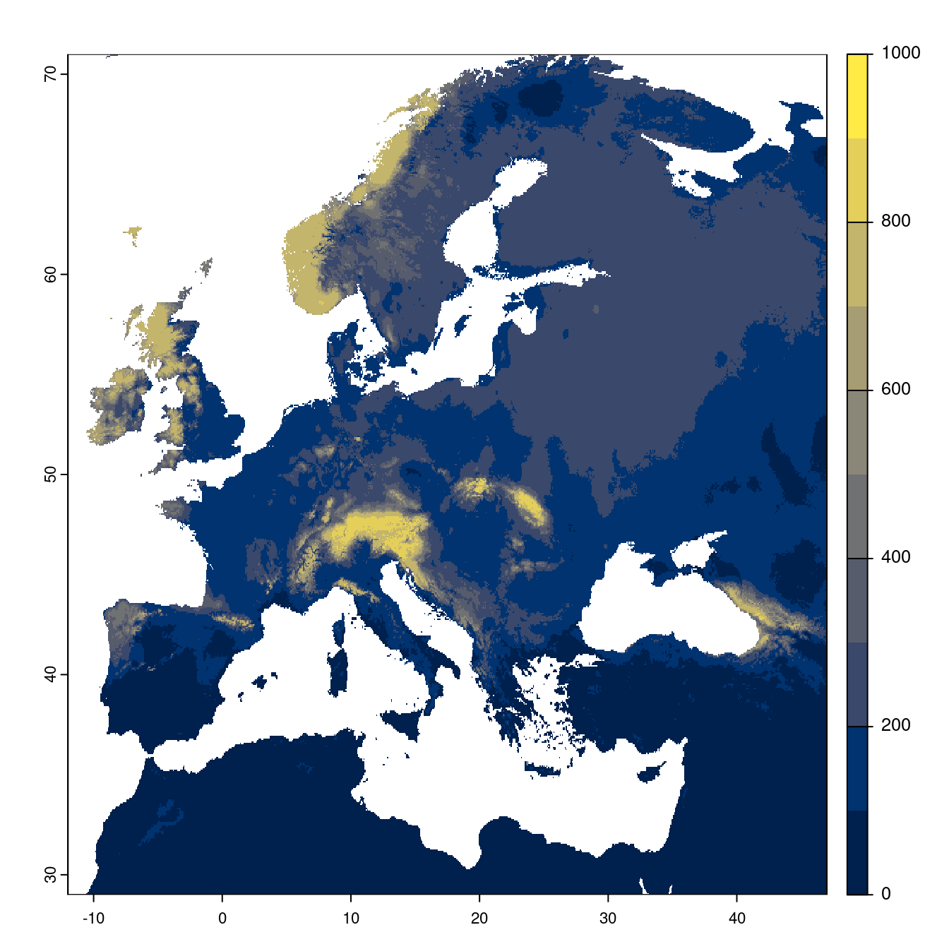 Projection des distributions potentielles futures jusqu'à l'horizon 2100 sous le scénario SSP2-4.5 (modèle d'ensemble).