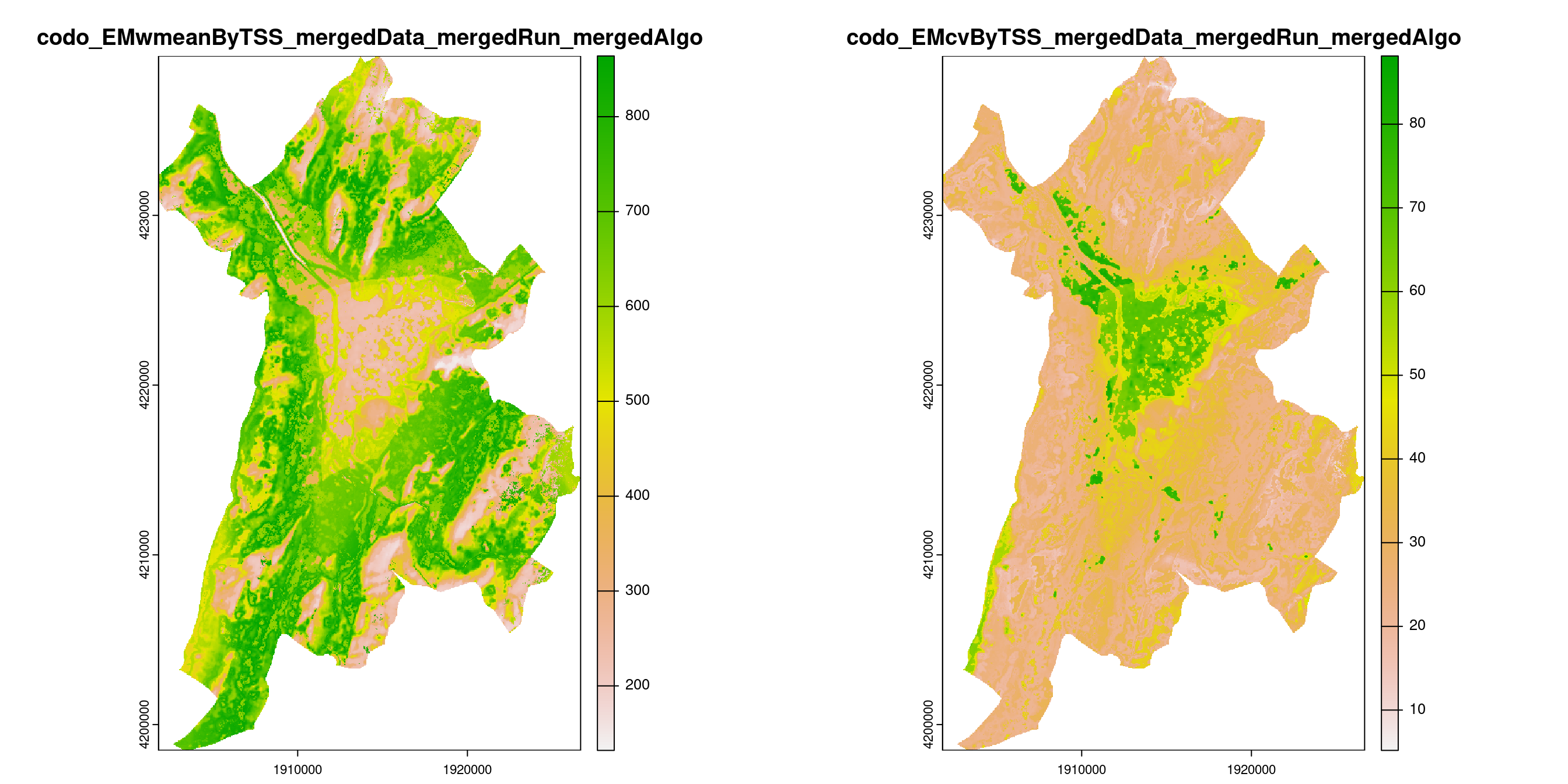A) Projection de la distribution potentielle contemporaine (modèle d'ensemble) sur la métropole de Grenoble ; B) Incertitude associée à la projection.