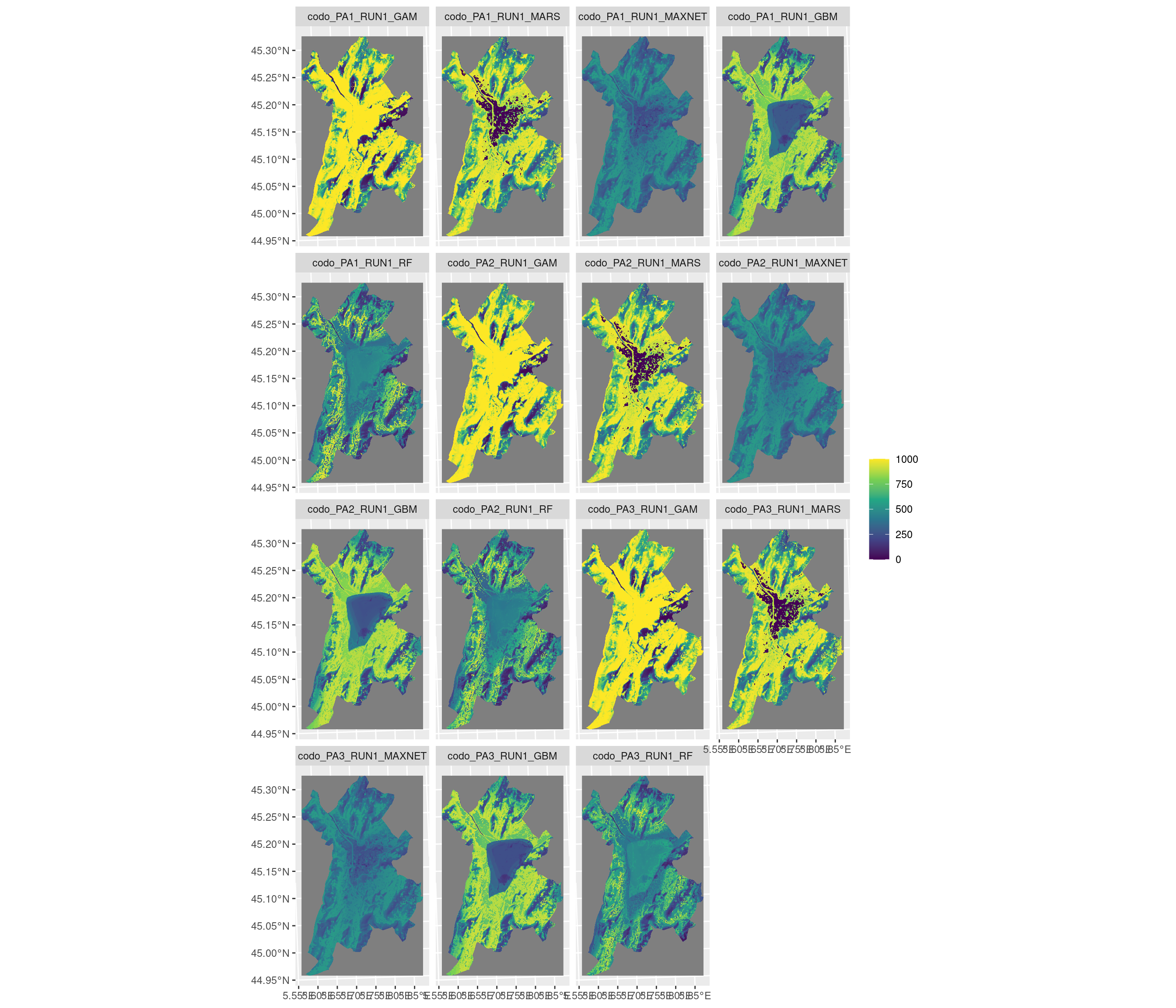 Projection de la distribution potentielle contemporaine sur la métropole de Grenoble, selon les 6 algorithmes et les 3 runs.
