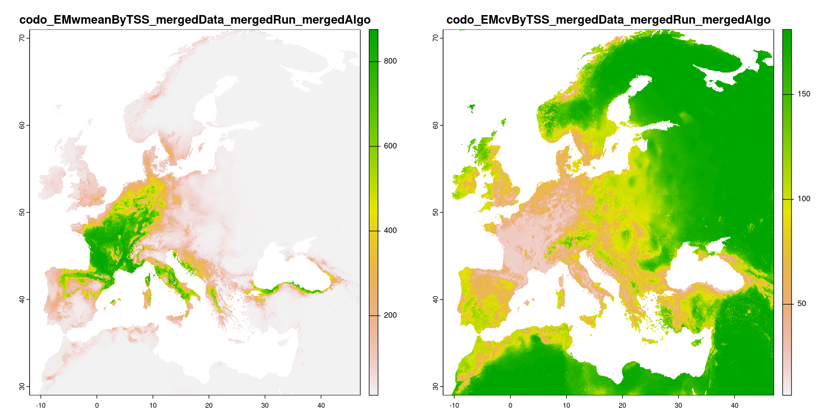 A) Projection de la distribution potentielle contemporaine (modèle d'ensemble) ; B) Incertitude associée à la projection.