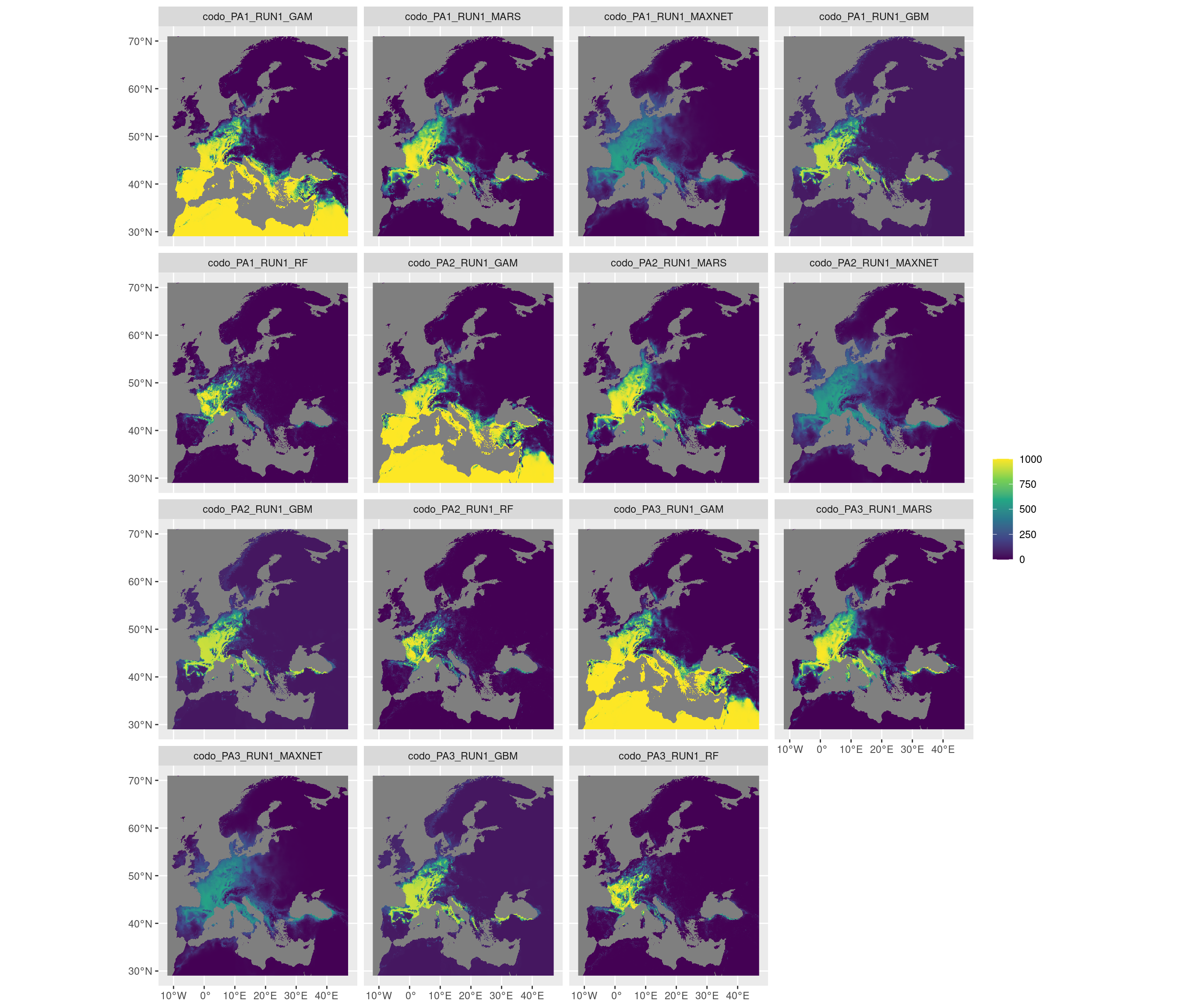Projection de la distribution potentielle contemporaine sur l'Europe, selon les 6 algorithmes et les 3 runs.