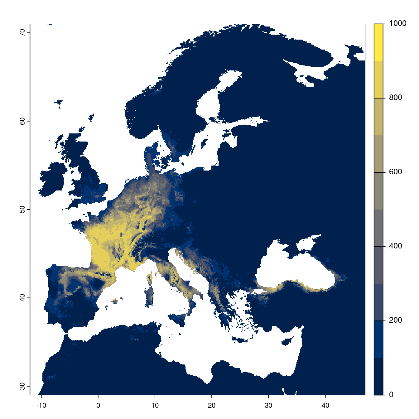 Projection des distributions potentielles futures jusqu'à l'horizon 2100 sous le scénario SSP2-4.5 (modèle d'ensemble).