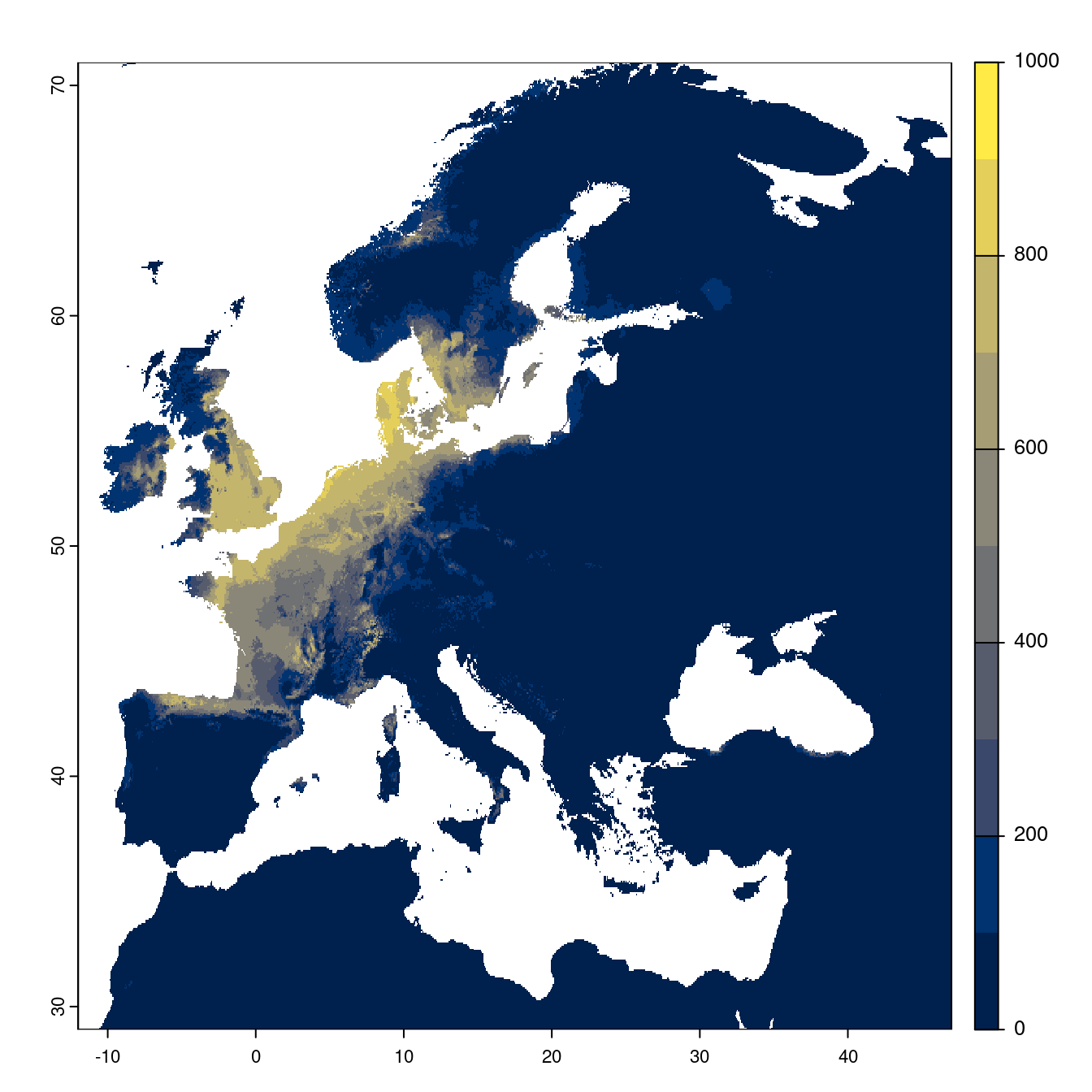 Projection des distributions potentielles futures jusqu'à l'horizon 2100 sous le scénario SSP5-8.5 (modèle d'ensemble).