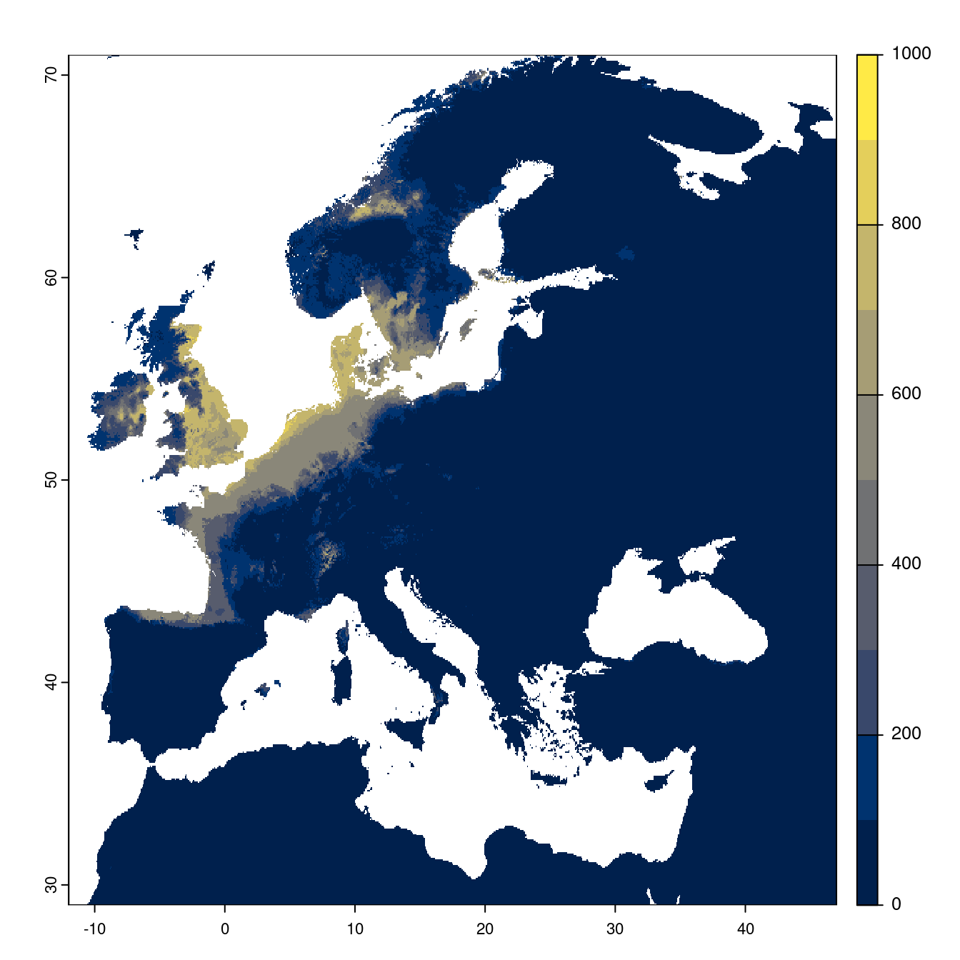 Projection des distributions potentielles futures jusqu'à l'horizon 2100 sous le scénario SSP5-8.5 (modèle d'ensemble).