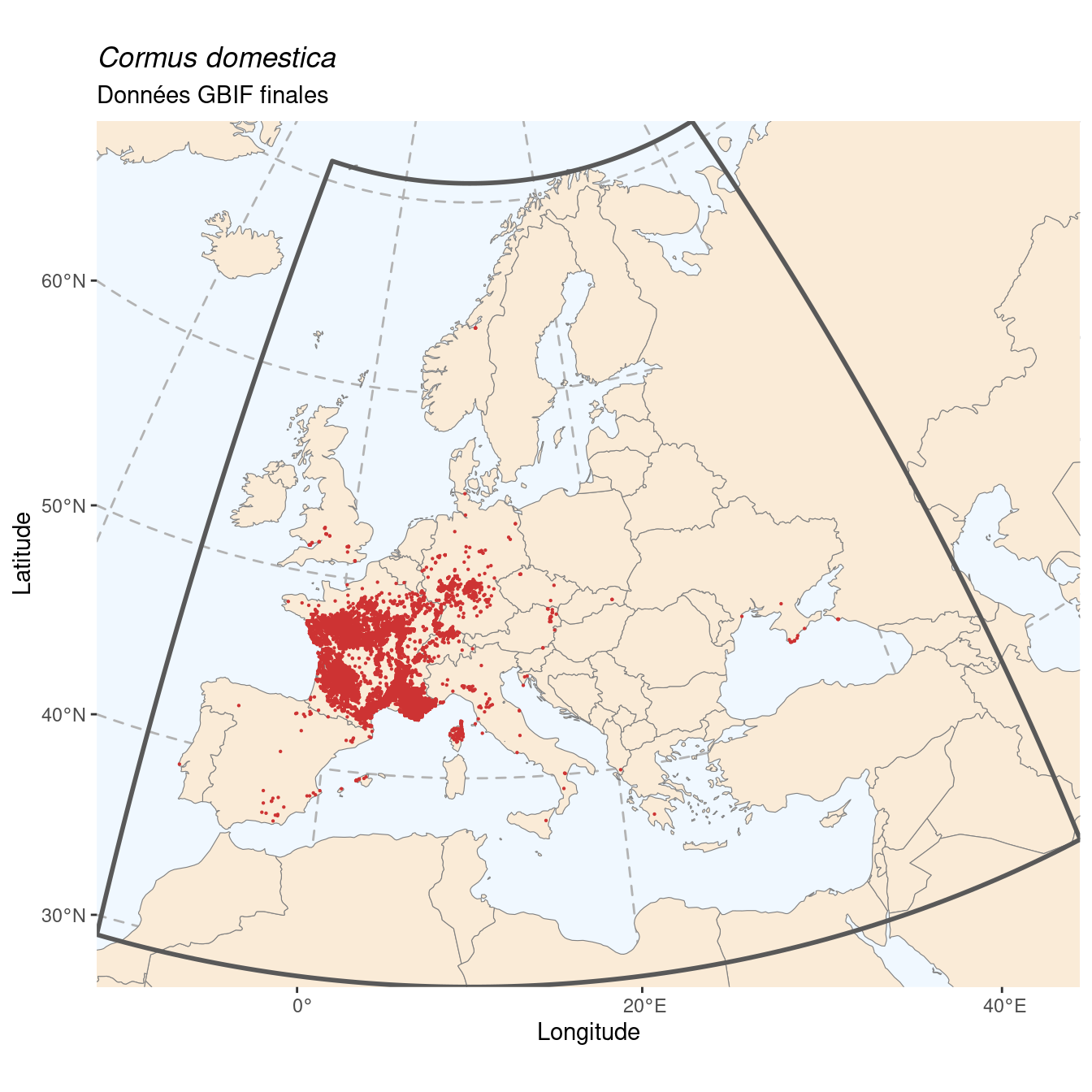 Occurrence de Cormus domestica dans la région d'endémisme après sous-échantillonnage éventuel.