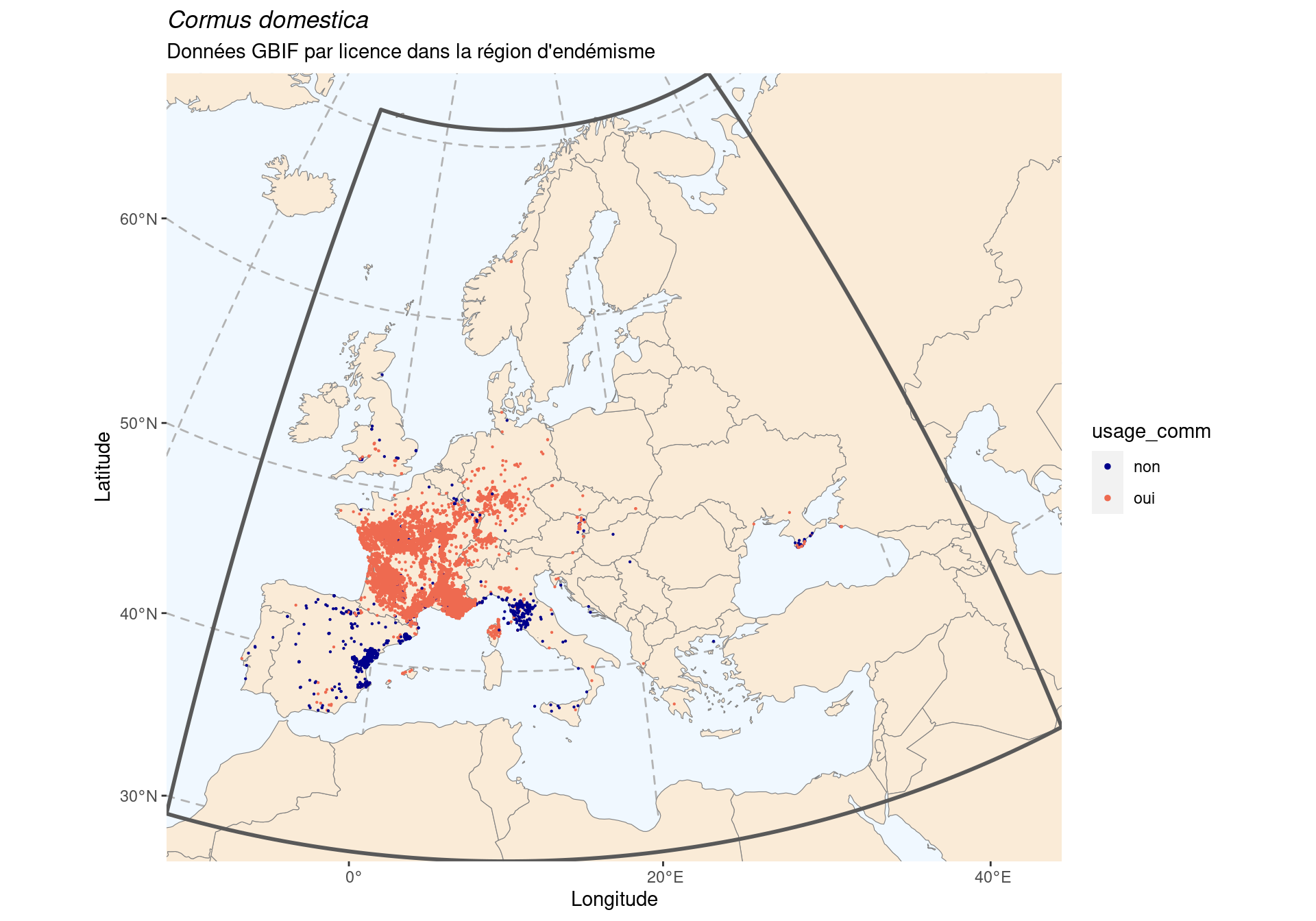 Occurrence de Cormus domestica dans la région d'endémisme, selon la licence : CC BY-NC en bleu ; CC0 et CC BY en orange.
