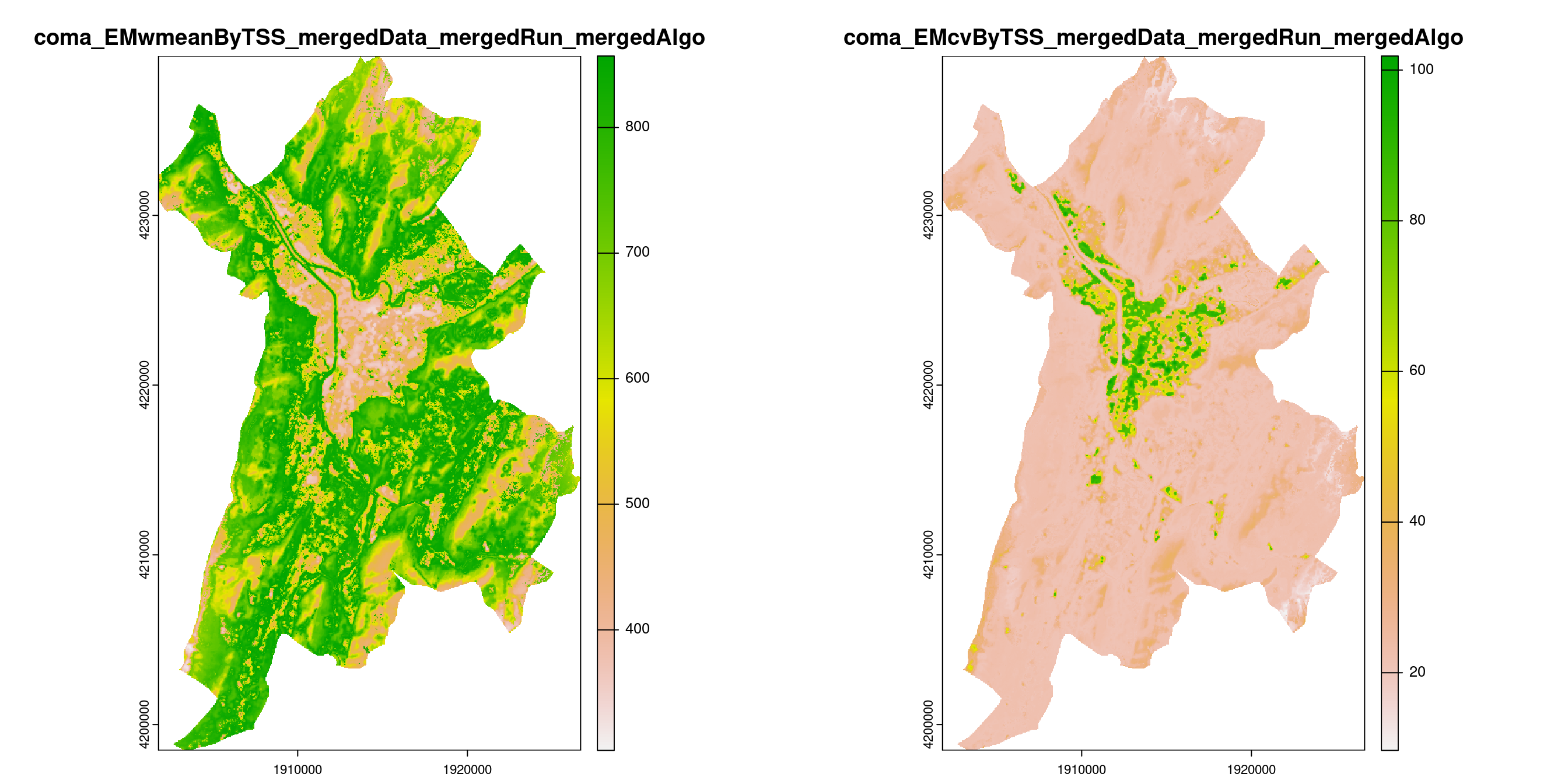 A) Projection de la distribution potentielle contemporaine (modèle d'ensemble) sur la métropole de Grenoble ; B) Incertitude associée à la projection.