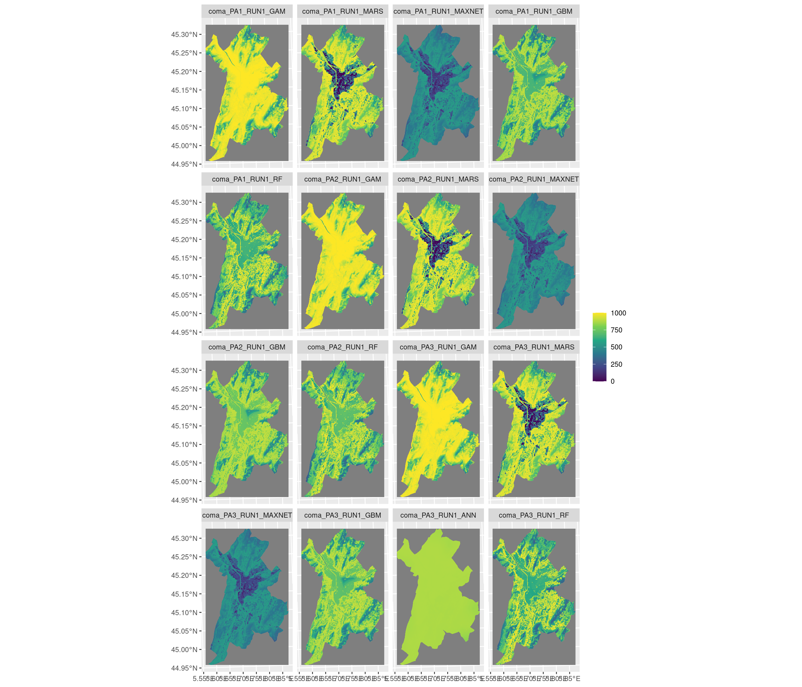 Projection de la distribution potentielle contemporaine sur la métropole de Grenoble, selon les 6 algorithmes et les 3 runs.