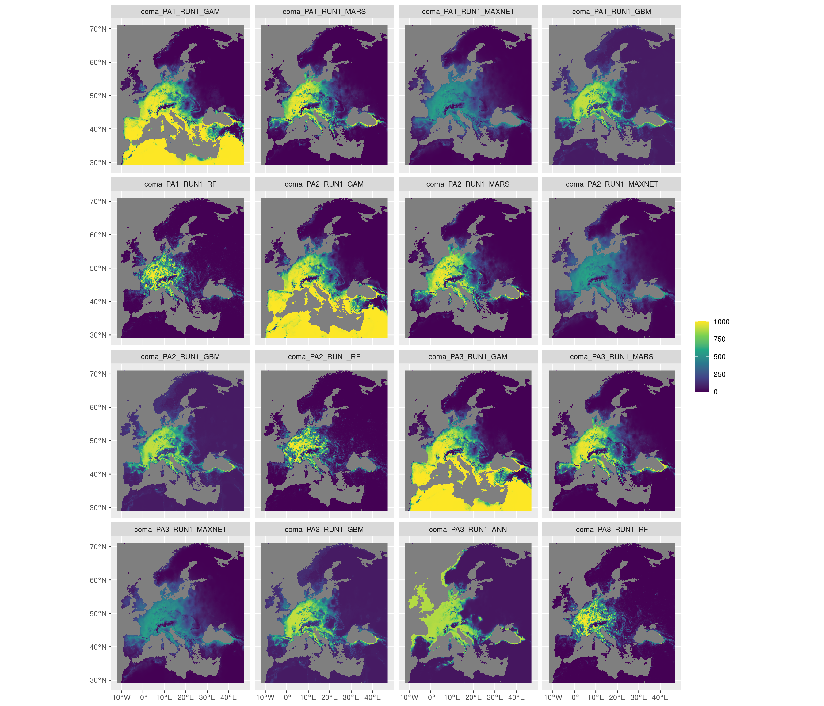 Projection de la distribution potentielle contemporaine sur l'Europe, selon les 6 algorithmes et les 3 runs.