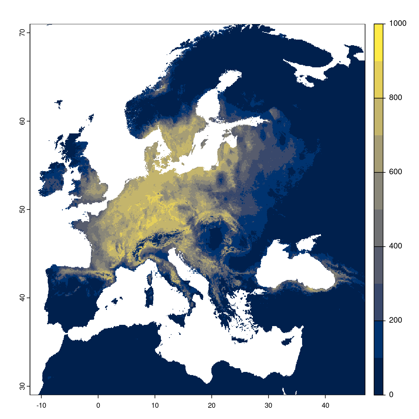 Projection des distributions potentielles futures jusqu'à l'horizon 2100 sous le scénario SSP1-2.6 (modèle d'ensemble).