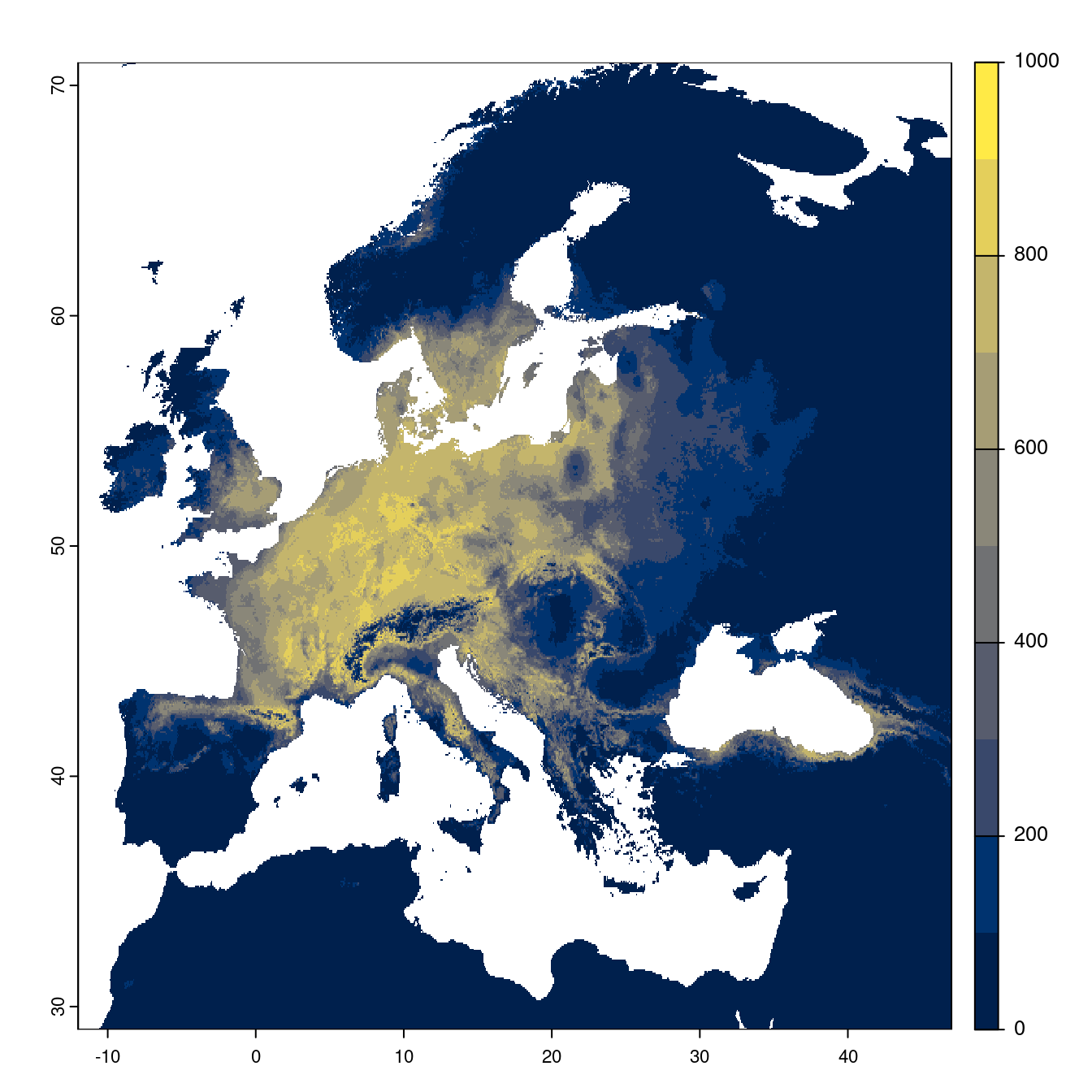 Projection des distributions potentielles futures jusqu'à l'horizon 2100 sous le scénario SSP2-4.5 (modèle d'ensemble).